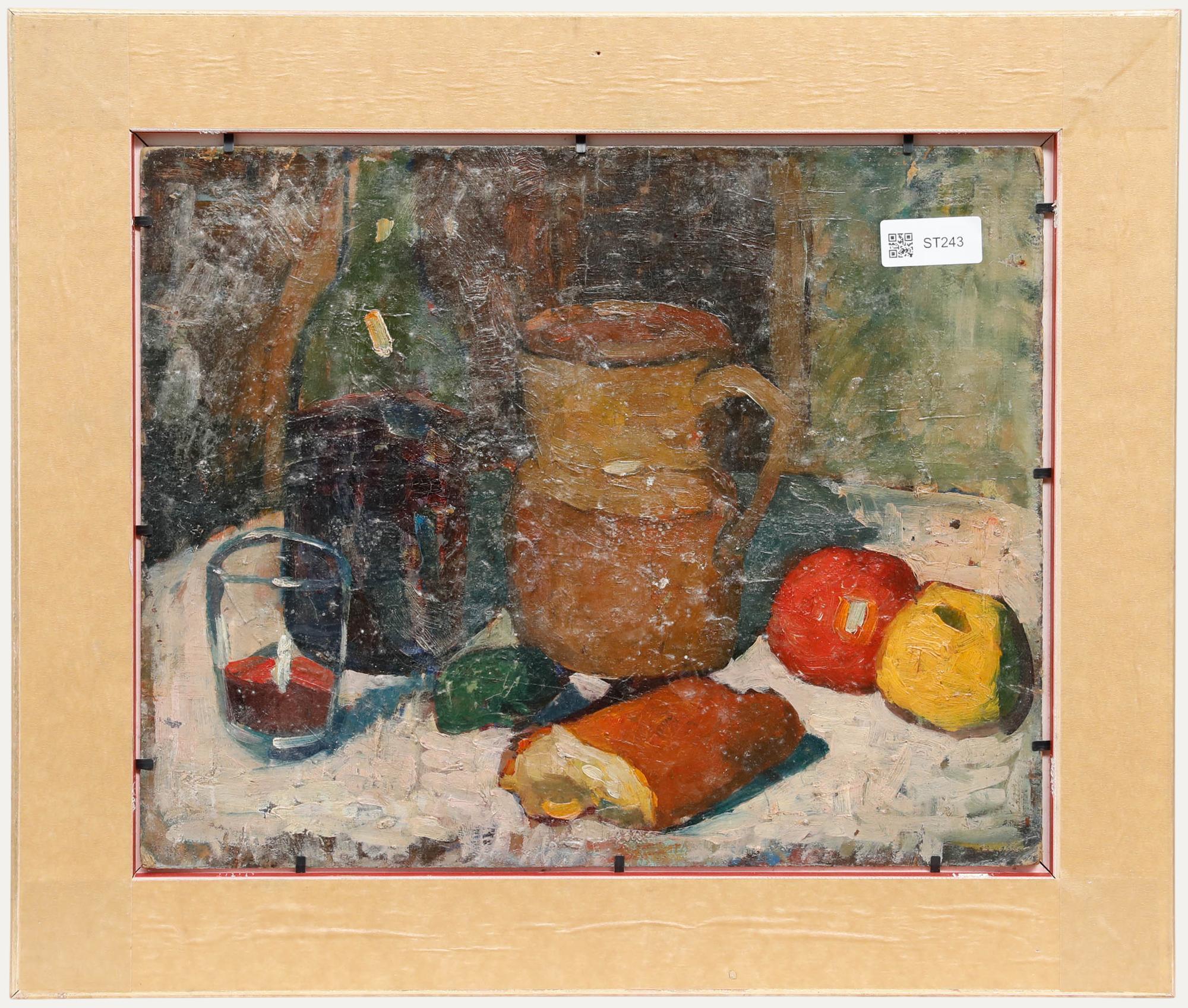 Óleo enmarcado del siglo XX - Bodegón con manzanas y una calavera - Still-Life Painting Marrón de Unknown