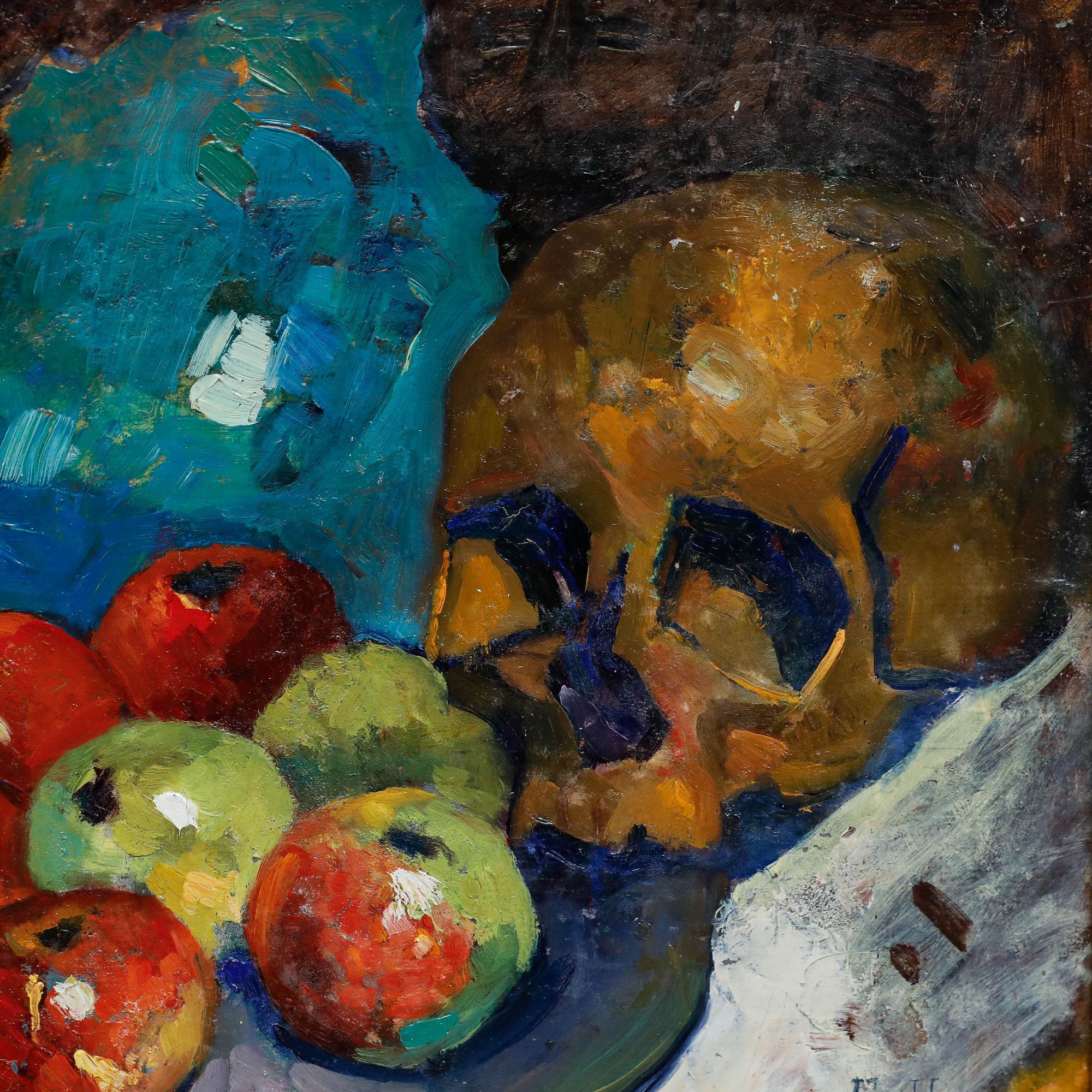 Óleo enmarcado del siglo XX - Bodegón con manzanas y una calavera en venta 1
