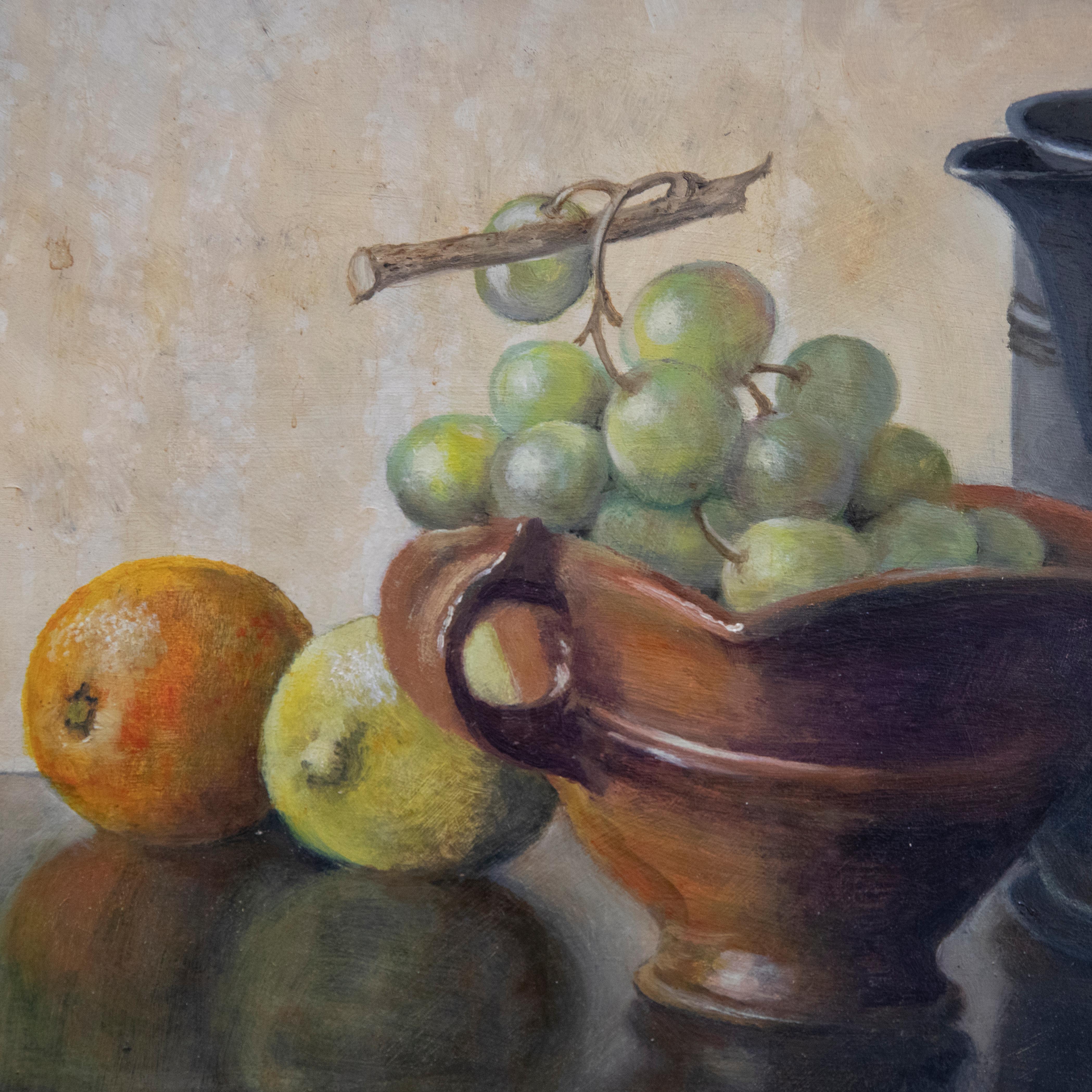 A captivating oil painting by the artist May Palmer, depicting a still life scene with grapes and pewter jug. Well-presented in a decorative gilt-effect frame with acanthus leaf carvings. Signed to the lower right with an artist's label verso. On