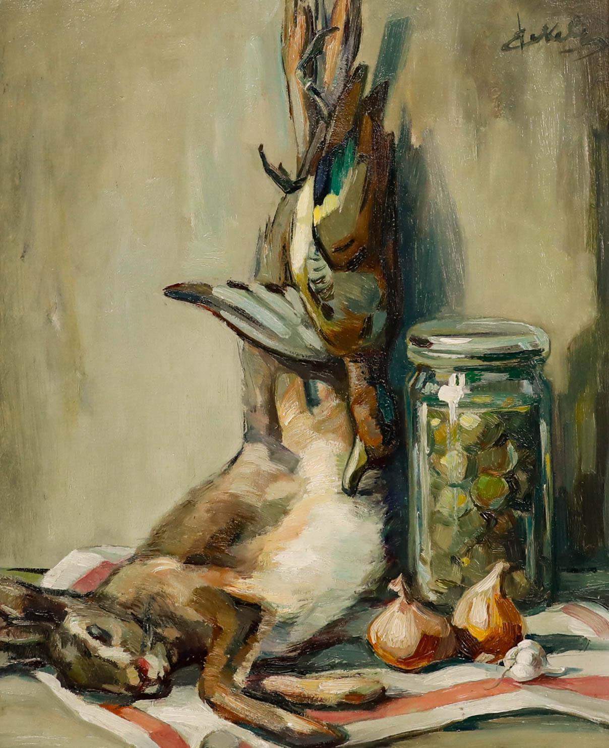 Gerahmtes Öl des 20. Jahrhunderts - Stillleben mit Hase – Painting von Unknown