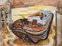 Framed 20th Century Oil - Sunset Barge