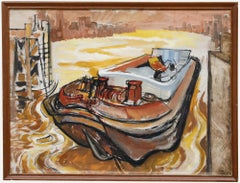 Framed 20th Century Oil - Sunset Barge