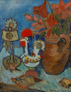 Framed 20th Century Oil - Table Still Life with Flower Jug