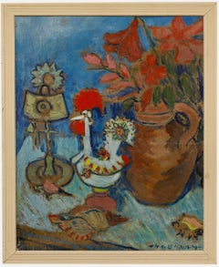 Framed 20th Century Oil - Table Still Life with Flower Jug