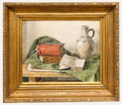 Framed 20th Century Oil - Table with Green Cloth & Clay Pipe