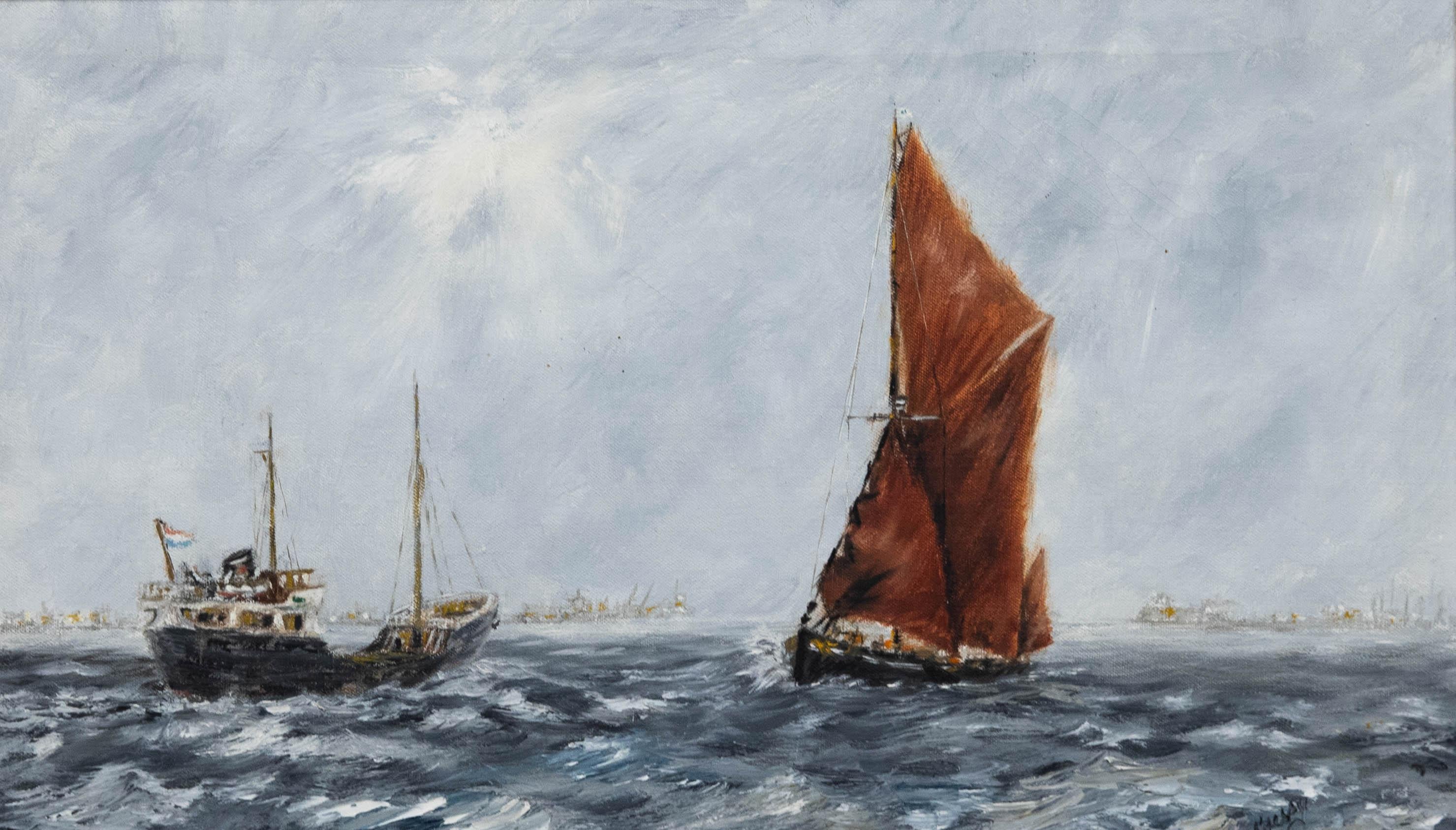 Gerahmtes Ölgemälde des 20. Jahrhunderts – Themse-Barge in vollem Segel – Painting von Unknown
