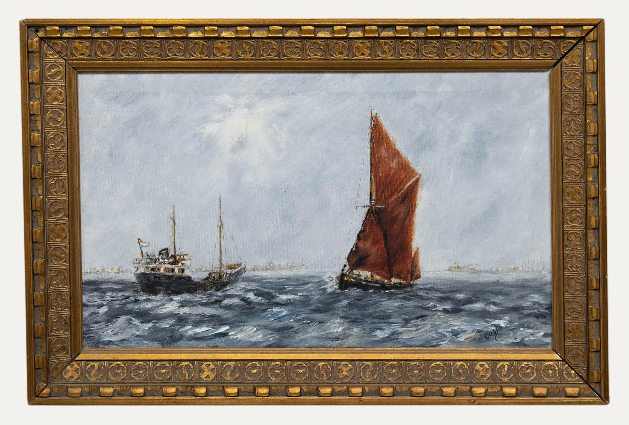 Unknown Figurative Painting – Gerahmtes Ölgemälde des 20. Jahrhunderts – Themse-Barge in vollem Segel