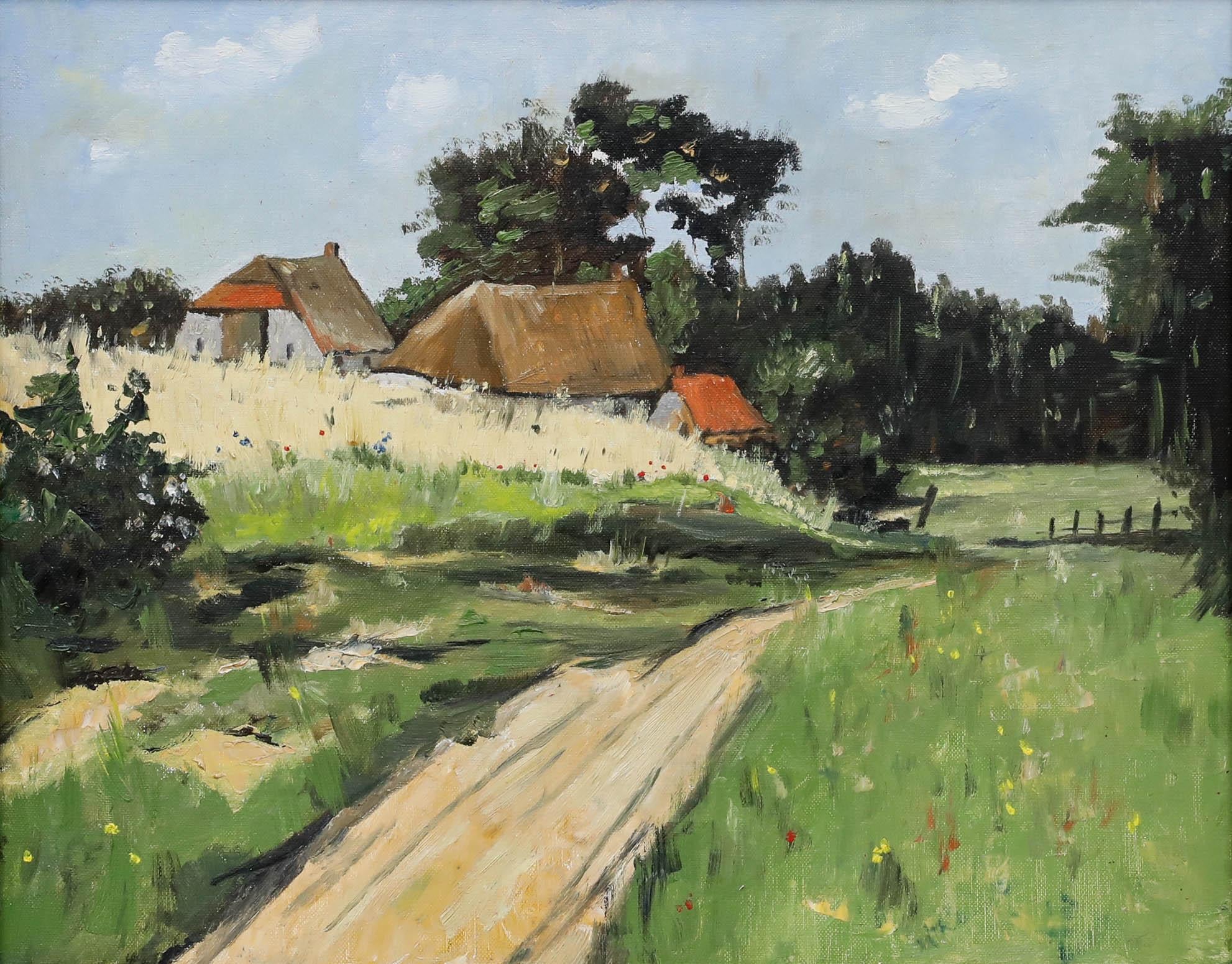 Framed 20th Century Oil - The Farm Drive - Painting by Unknown