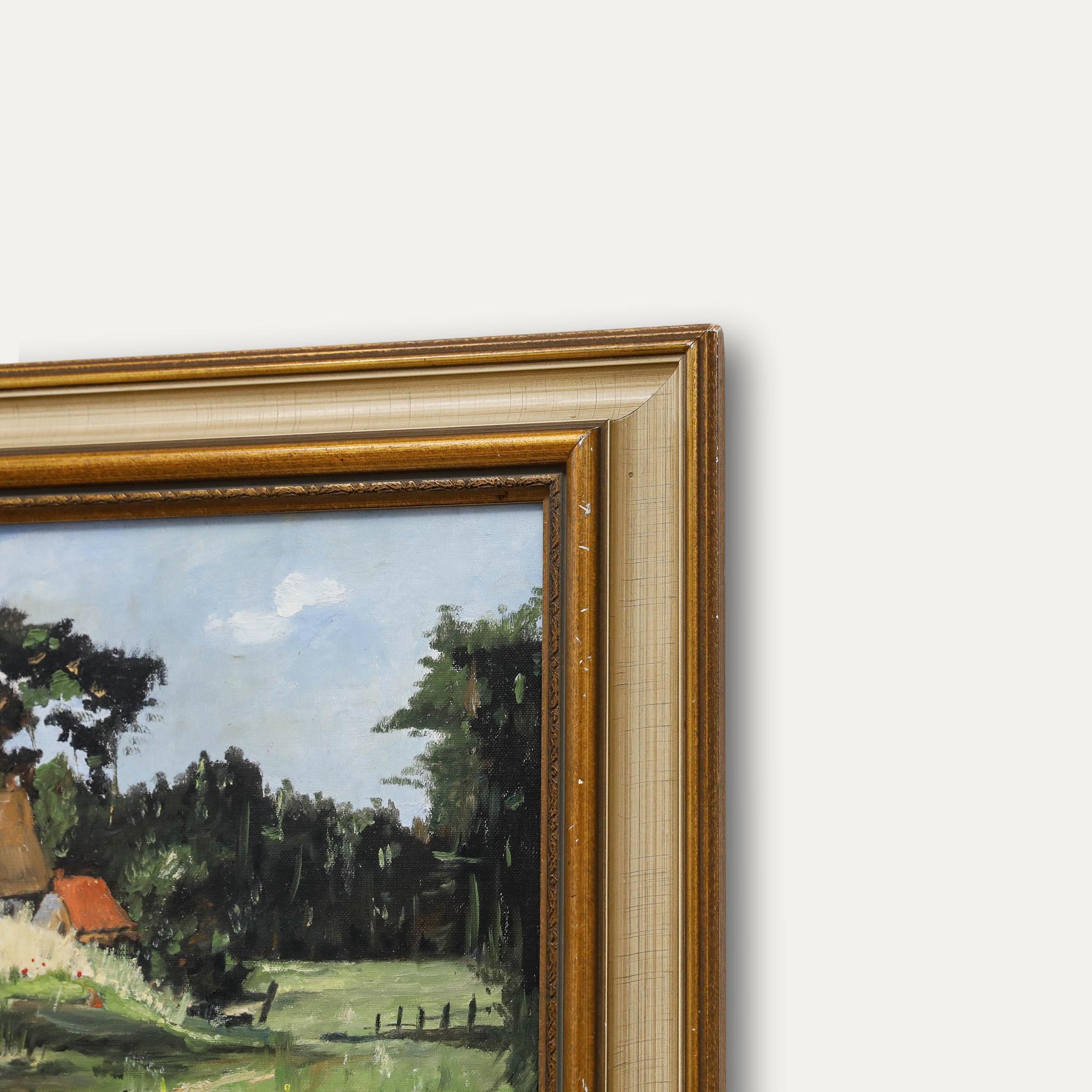 A vibrant landscape painting depicting a serene rural scene with a winding dirt drive leading to a cluster of rustic farm buildings nestled amongst summer fields. Well presented in a 20th century gilt effect frame. Unsigned. On canvas on stretchers.