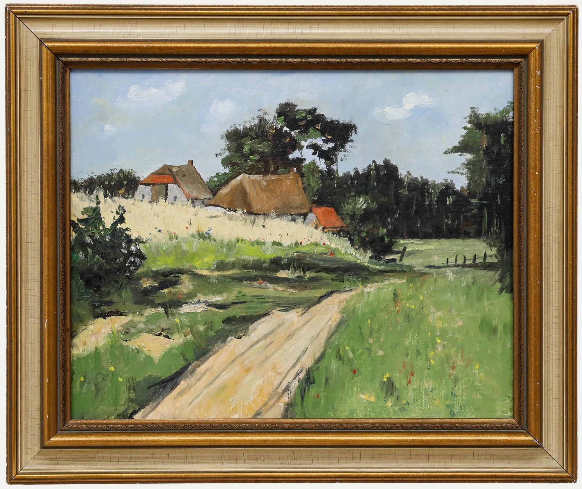 Unknown Landscape Painting - Framed 20th Century Oil - The Farm Drive