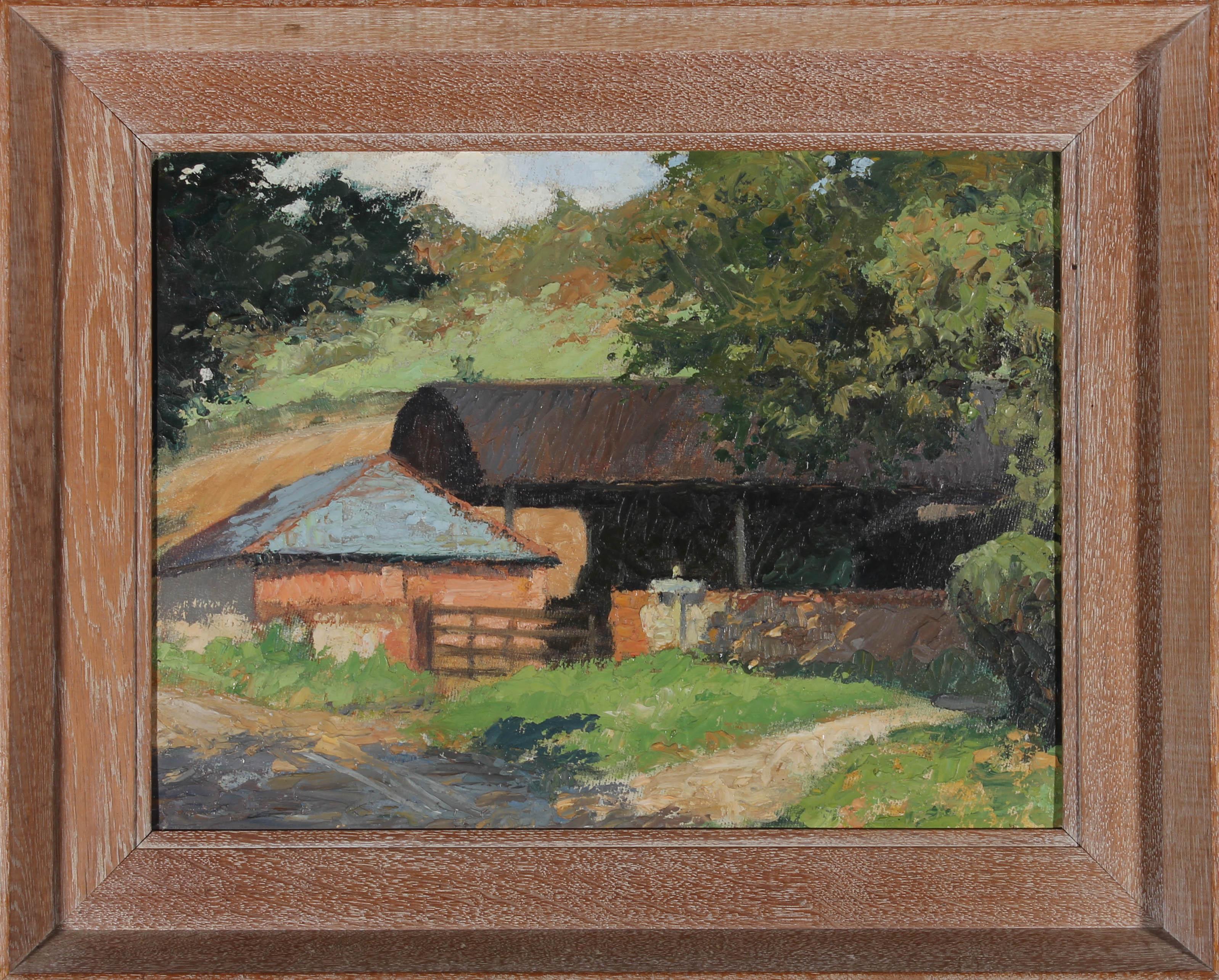 Unknown Landscape Painting - Framed 20th Century Oil - The Haybarn