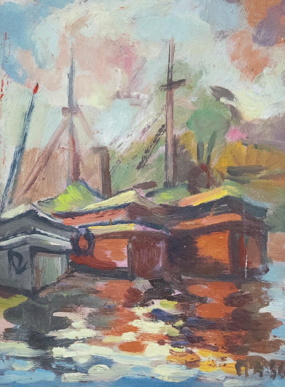 Framed 20th Century Oil - Three Moored Boats - Painting by Unknown