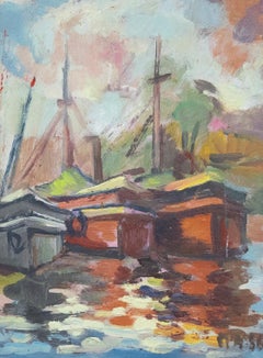 Framed 20th Century Oil - Three Moored Boats