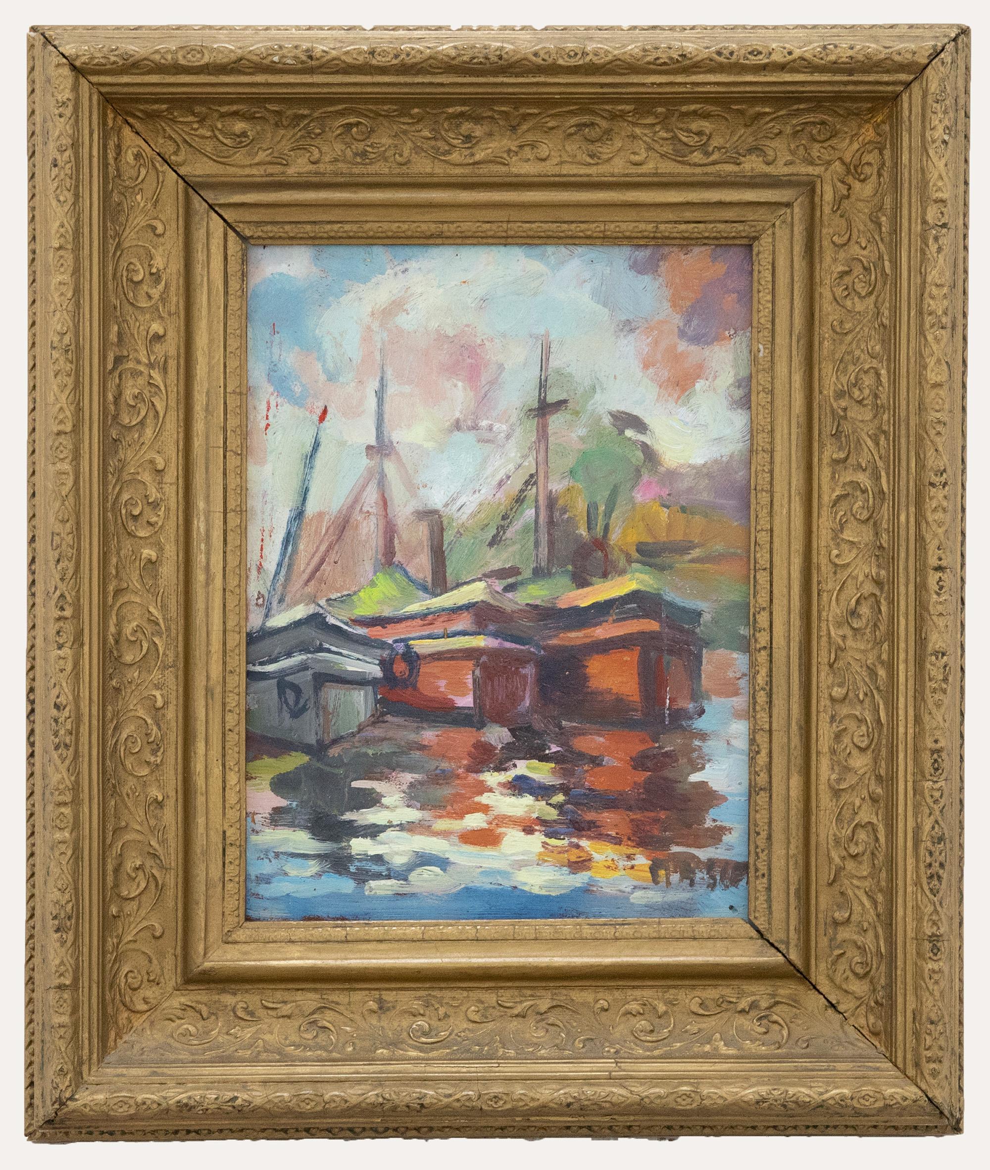 Unknown Figurative Painting - Framed 20th Century Oil - Three Moored Boats