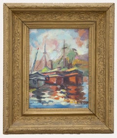 Vintage Framed 20th Century Oil - Three Moored Boats