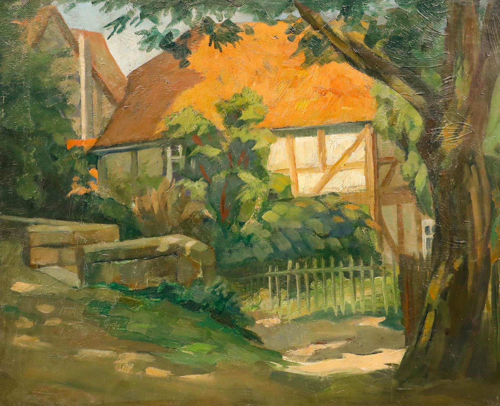 Huile encadrée du 20e siècle - Timber Cottage - Painting de Unknown