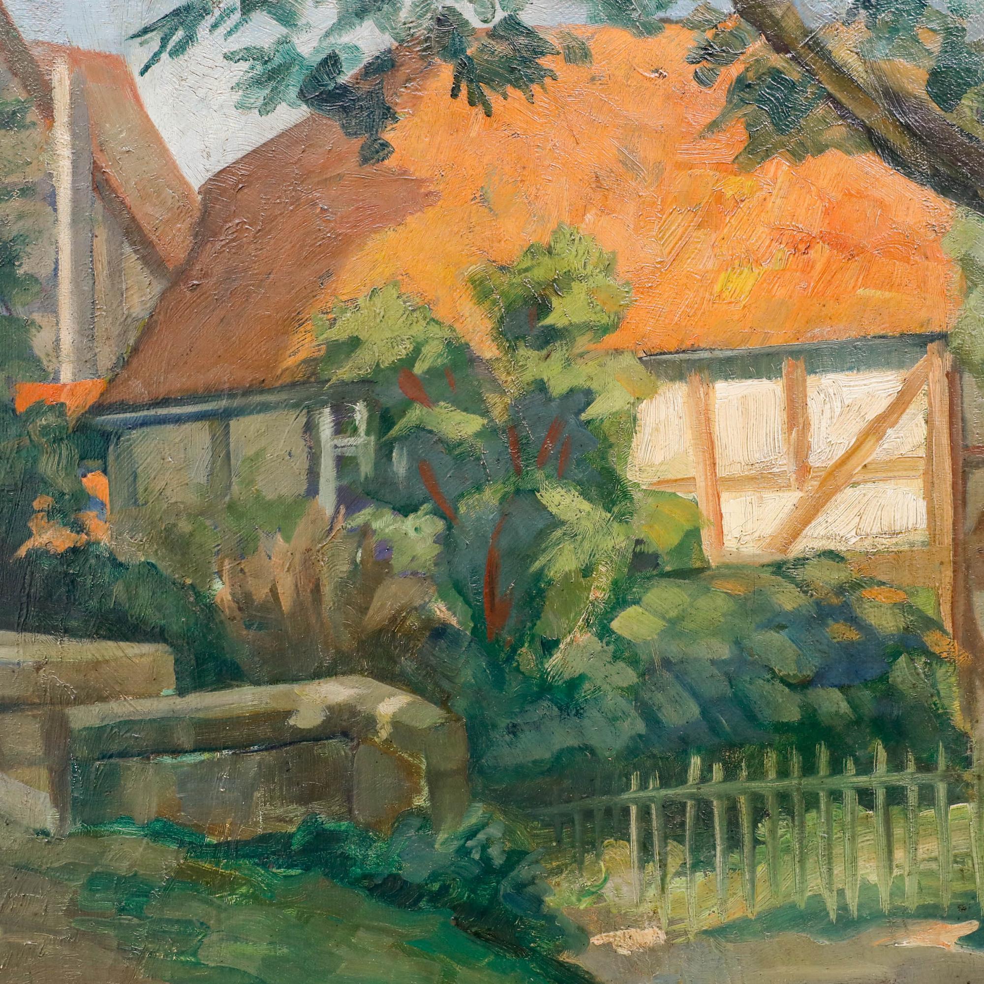 Une étude impressionniste audacieuse et colorée d'un grand cottage en bois avec des tuiles rouges. Présenté dans un cadre contemporain en métal doré brossé. Non signée. Sur toile sur châssis. Taille de l'image : 43,5 x 54 cm.