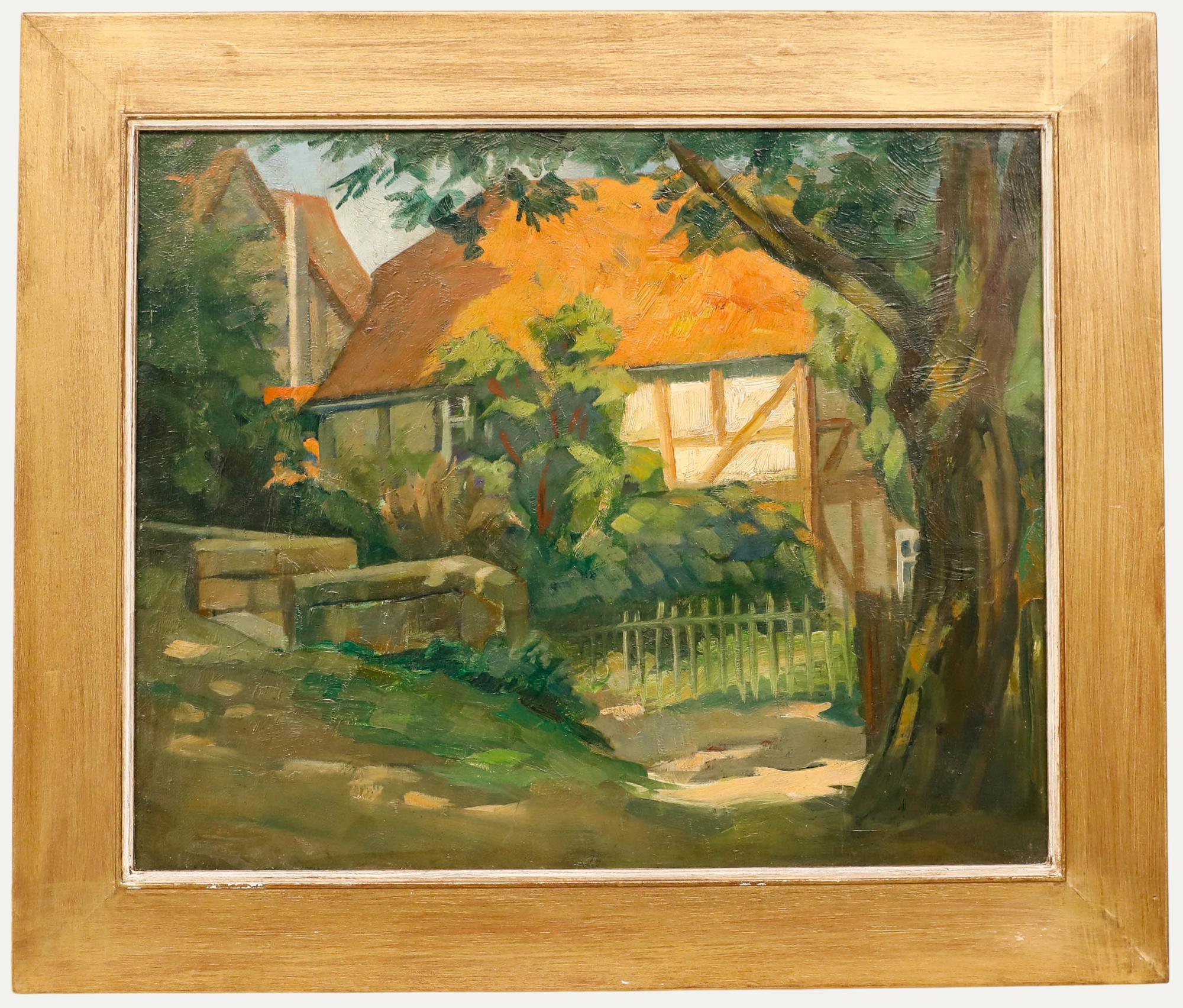 Gerahmtes Öl des 20. Jahrhunderts - Timber Cottage