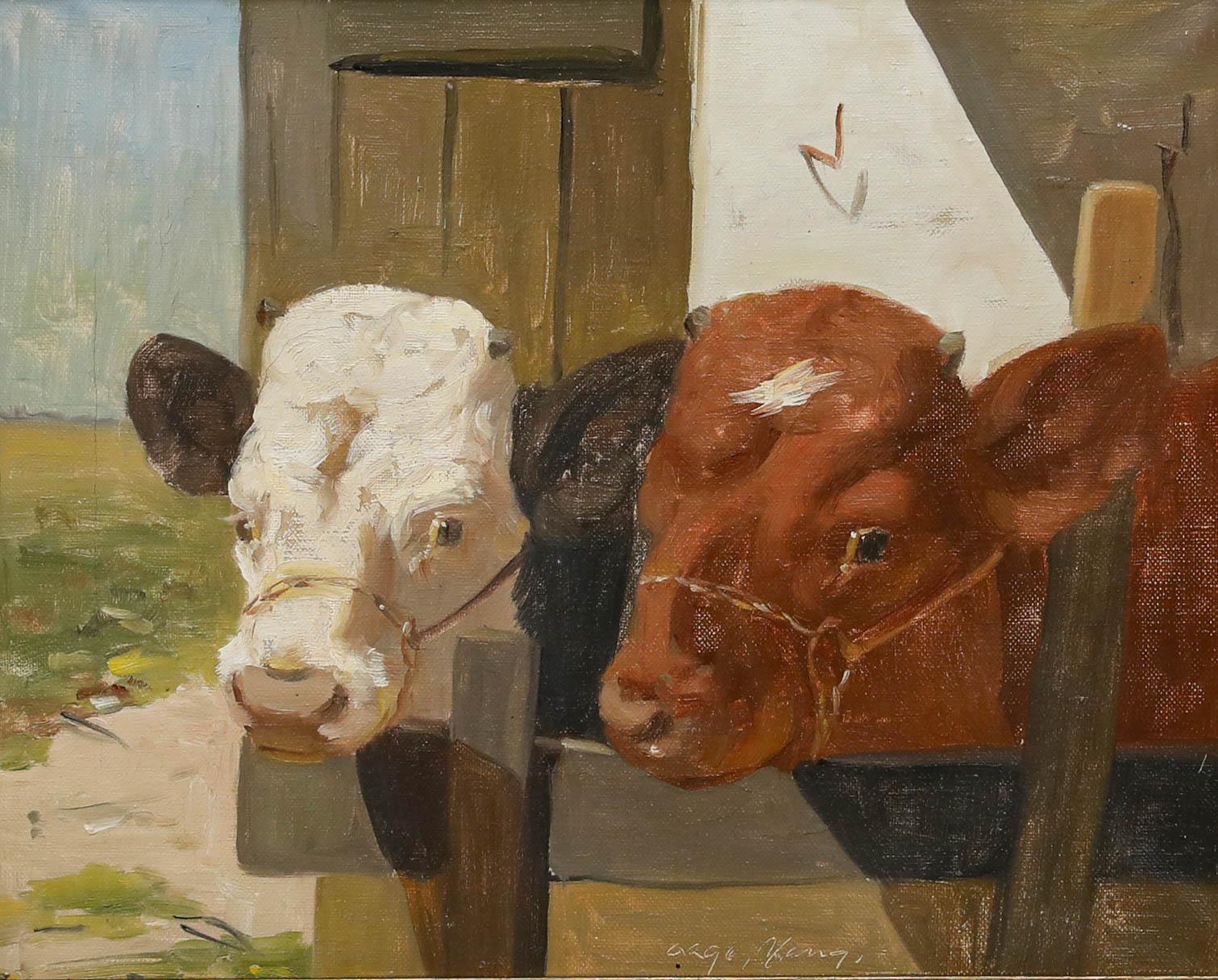 Gerahmtes Öl des 20. Jahrhunderts - Zwei Kühe – Painting von Unknown