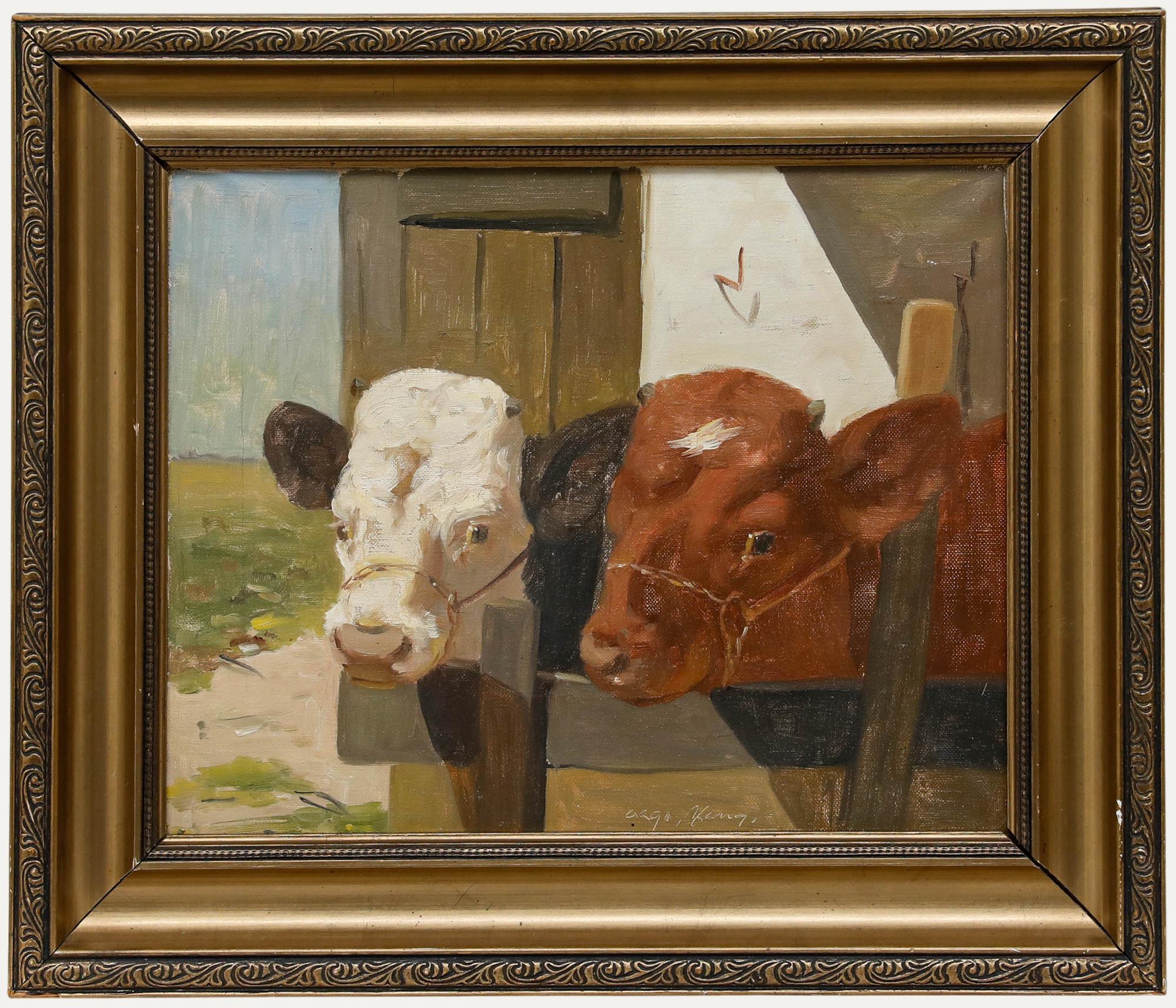 Huile du 20e siècle encadrée - Deux vaches