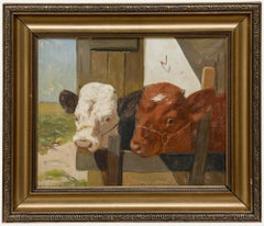 Huile du 20e siècle encadrée - Deux vaches