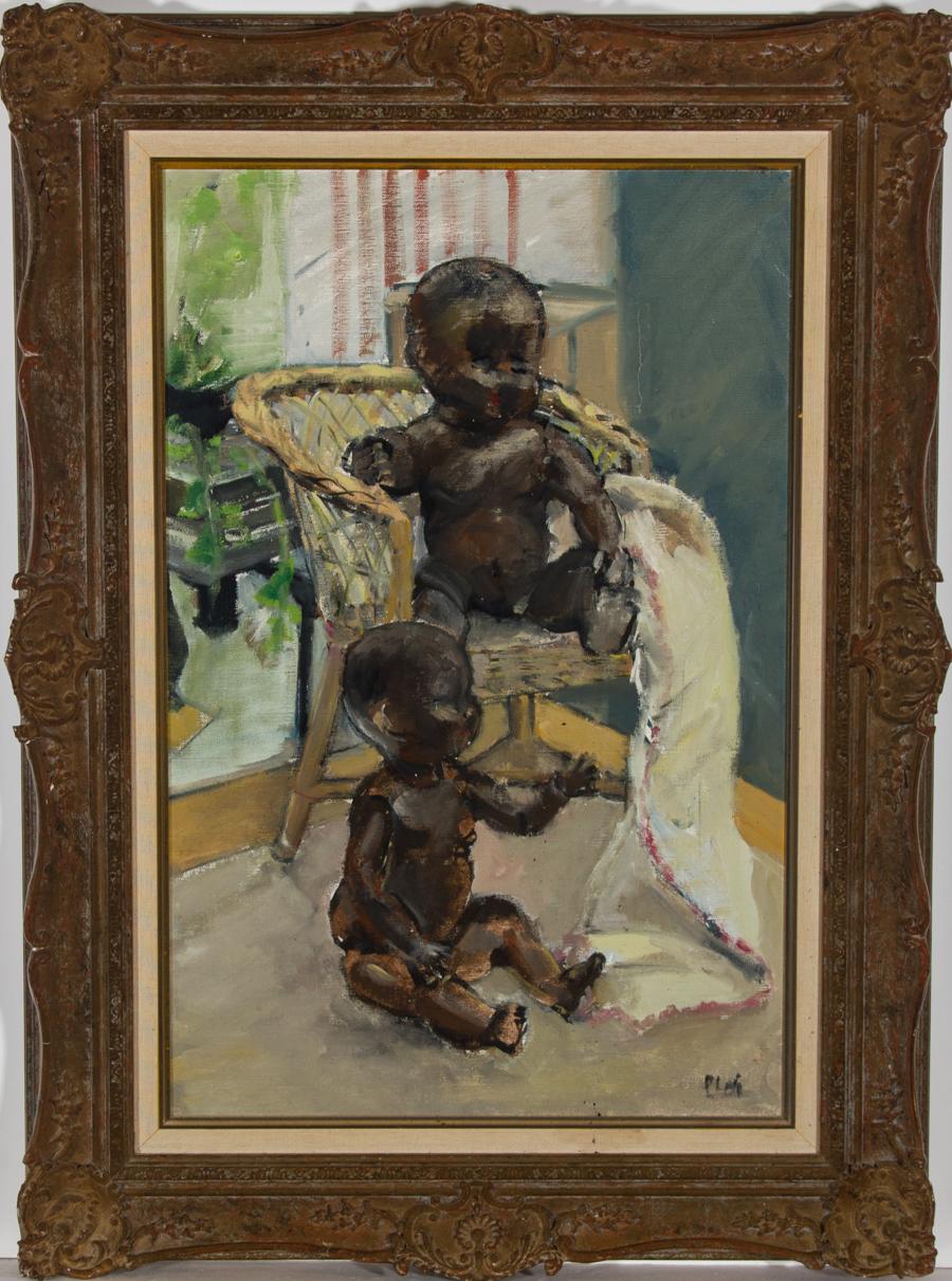 Unknown Still-Life Painting - Framed 20th Century Oil - Two Dolls in an Interior