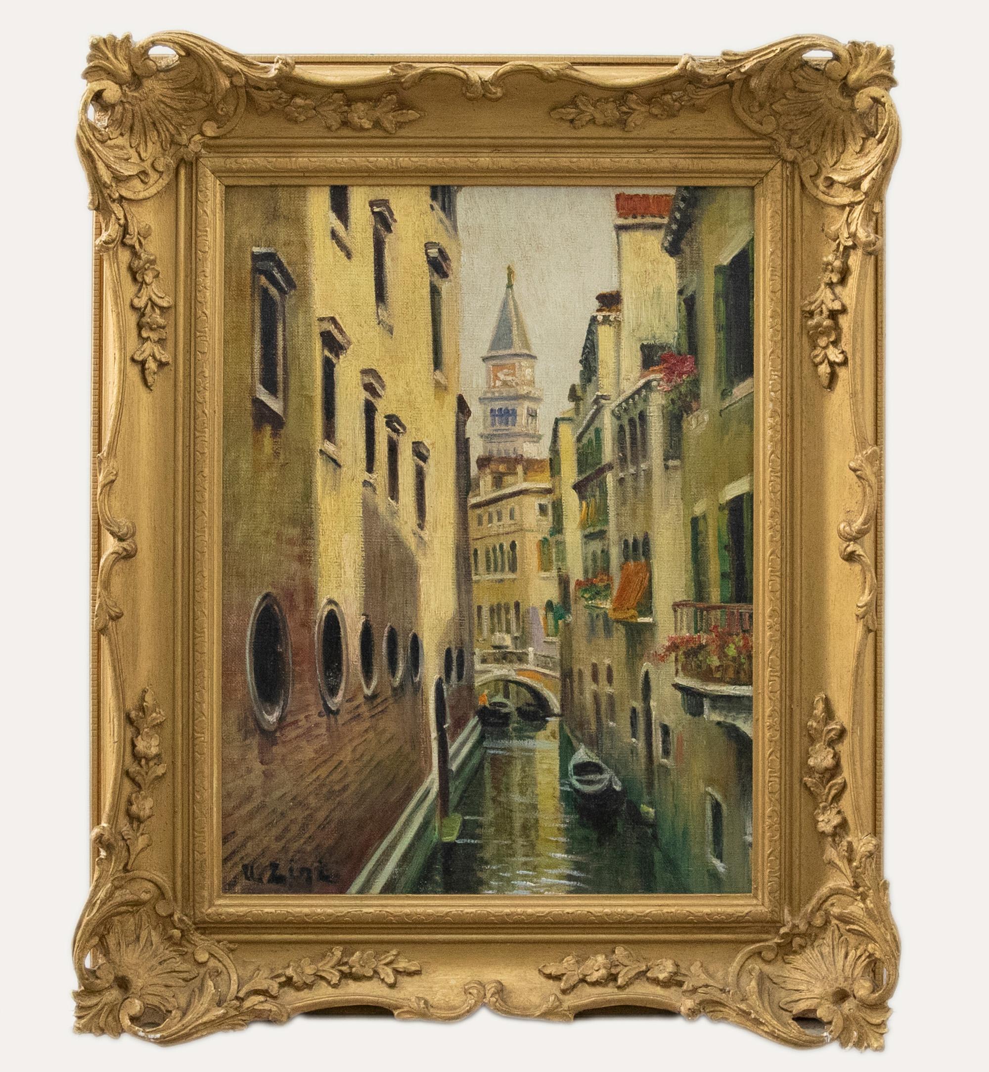 Unknown Landscape Painting - Framed 20th Century Oil - Venetian Canal