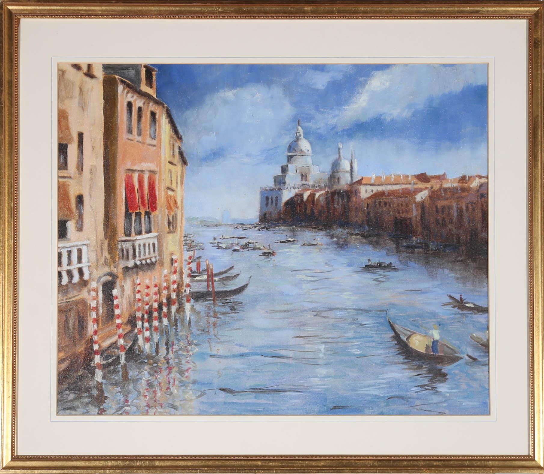 A beautiful impressionistic view of the grand canal in Venice, with endless floating gondolas leading out to the Basilica of Santa Maria. Unsigned. Well presented in an attractive gilt frame and wash-line mount. Glazed. On canvas.
