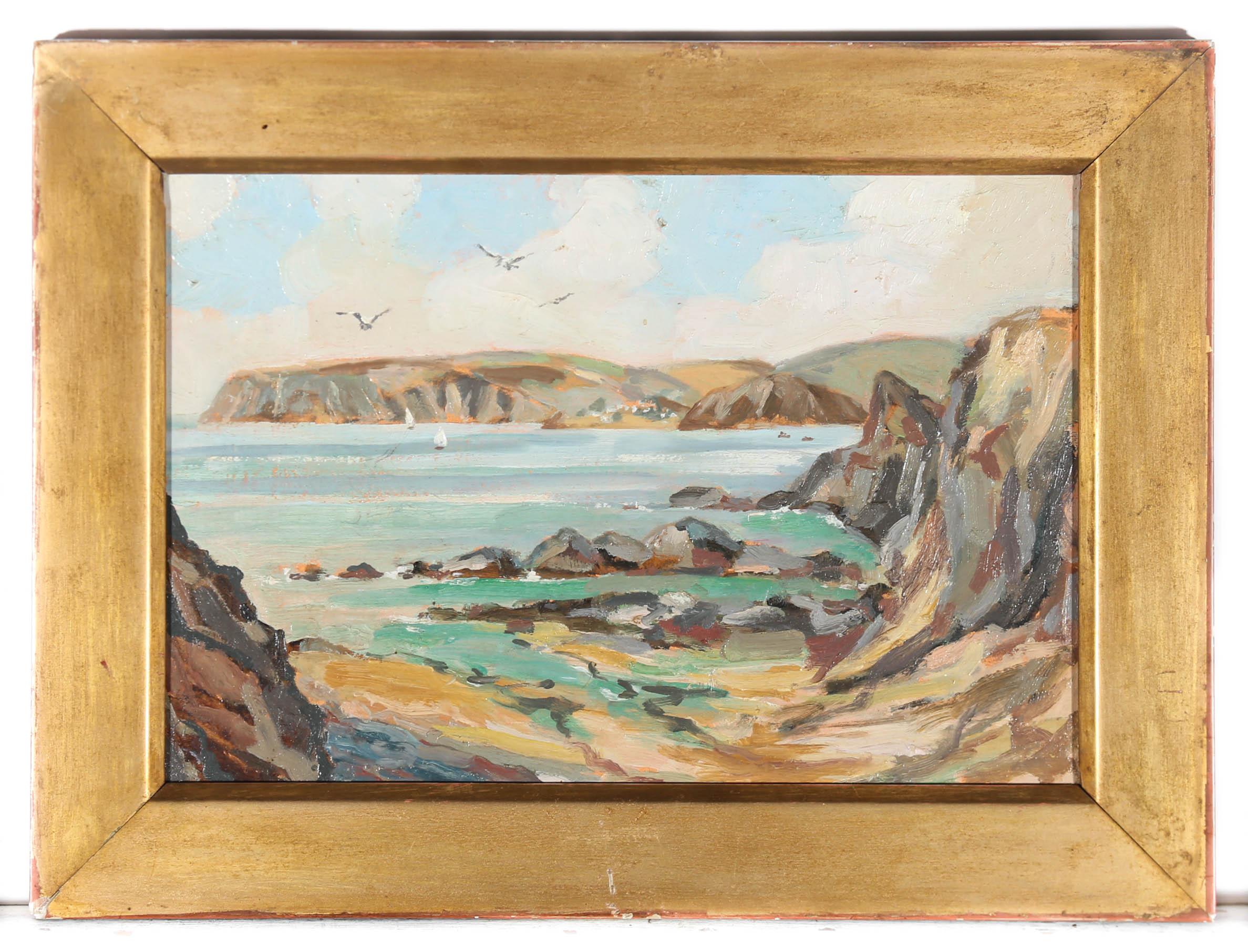 This charming oil depicts a sunny coastal view from Outer Hope Cove to the sandy bay of Bigbury-on-Sea. The artist has caught the tonal qualities of the landscape in an energetic an expressive light, with shaded rocks partially submerged in shallow