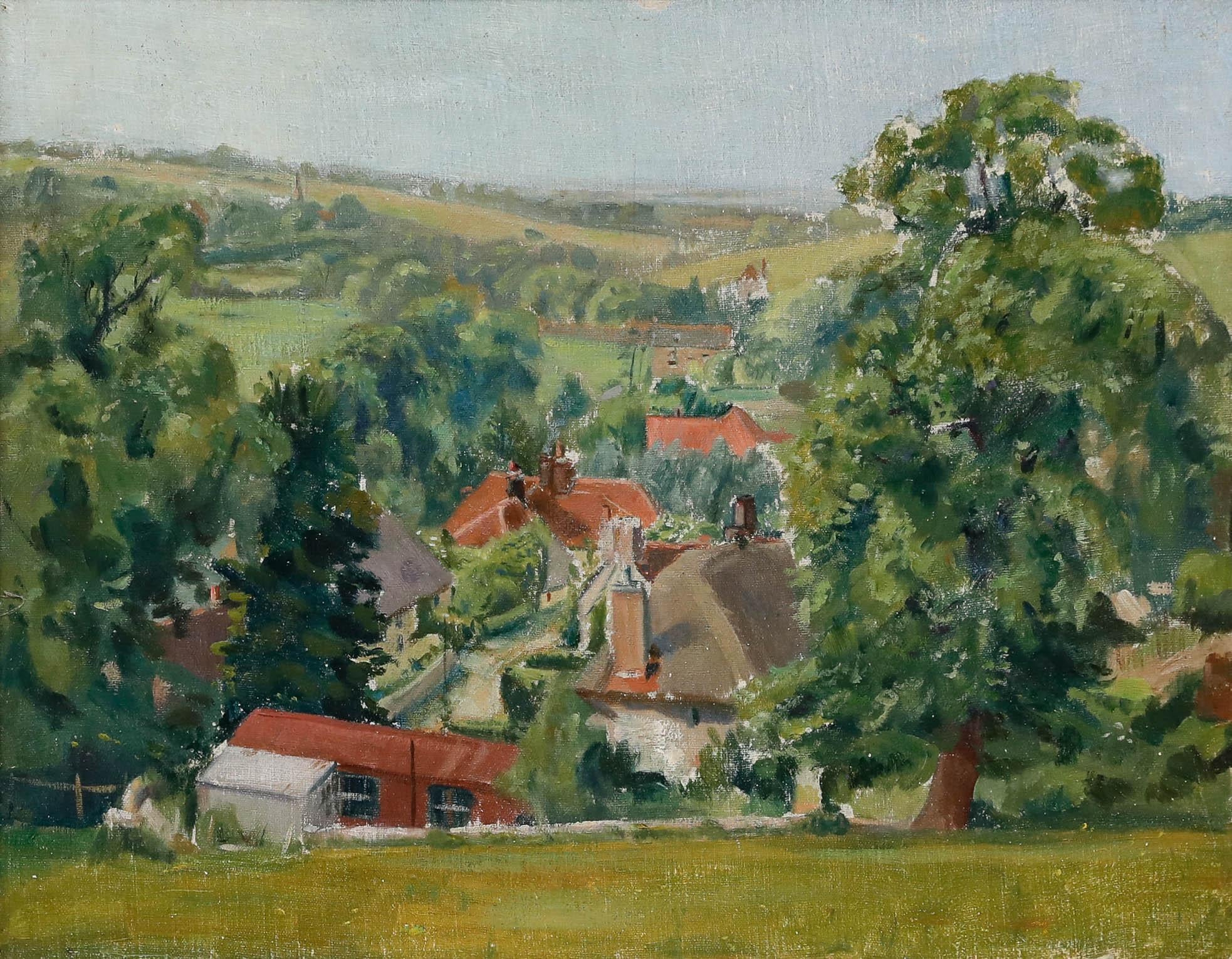 Framed 20th Century Oil - View of the Village - Painting by Unknown