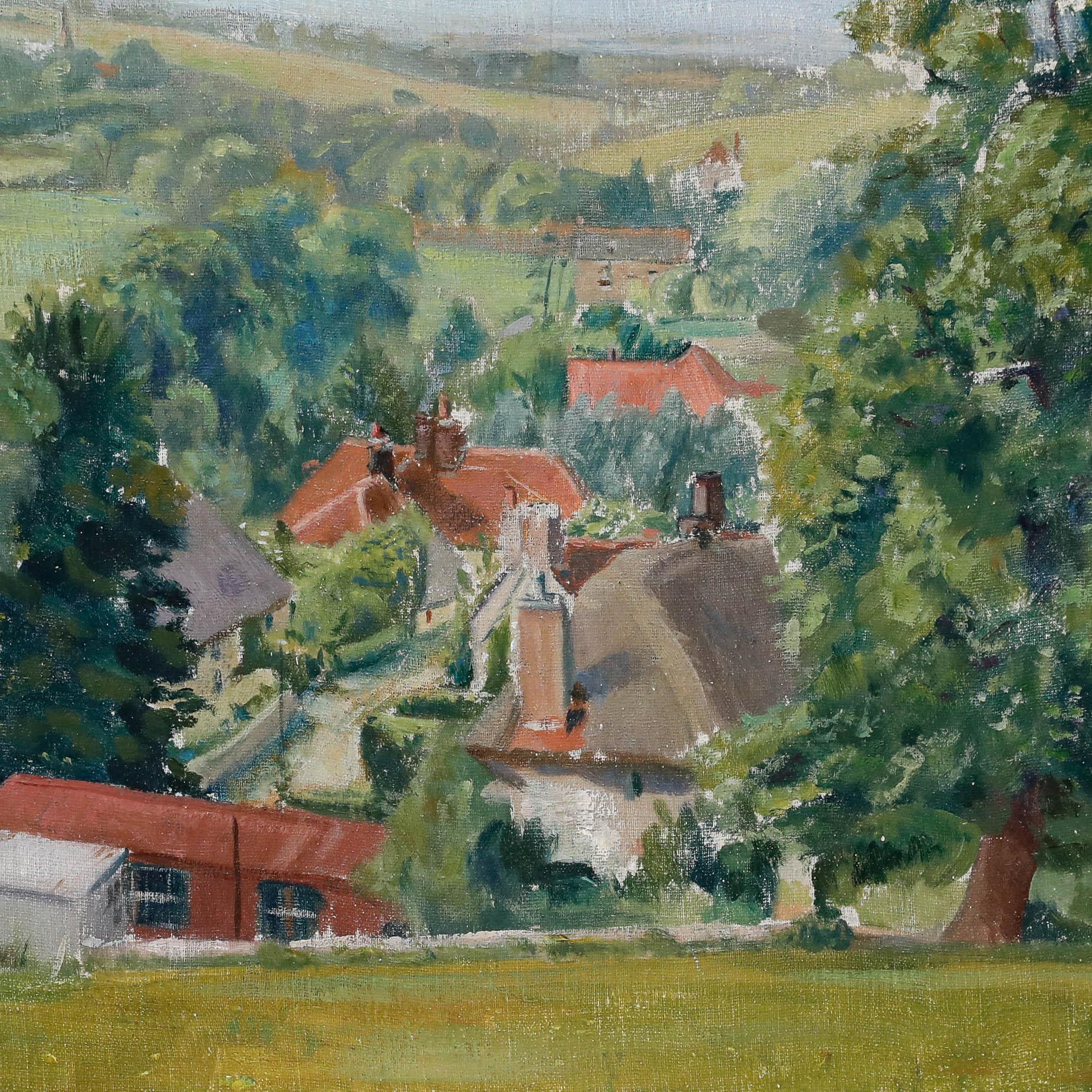 A charming Impressionist study in oil depicting a rural village from an elevated viewpoint. Well presented in a contemporary silver-effect frame. Unsigned. On canvas board.