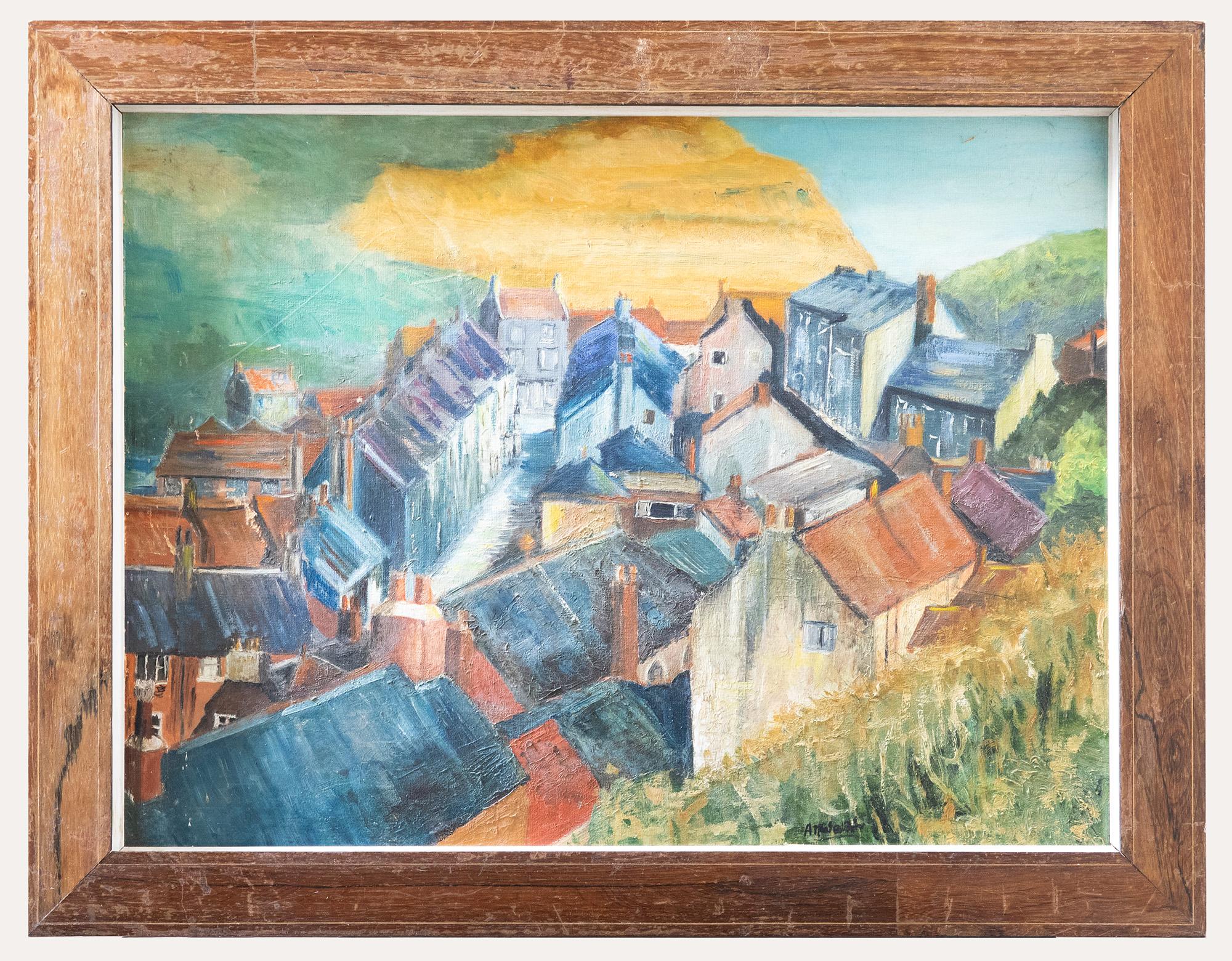 Unknown Figurative Painting - Framed 20th Century Oil - Village by the Sea