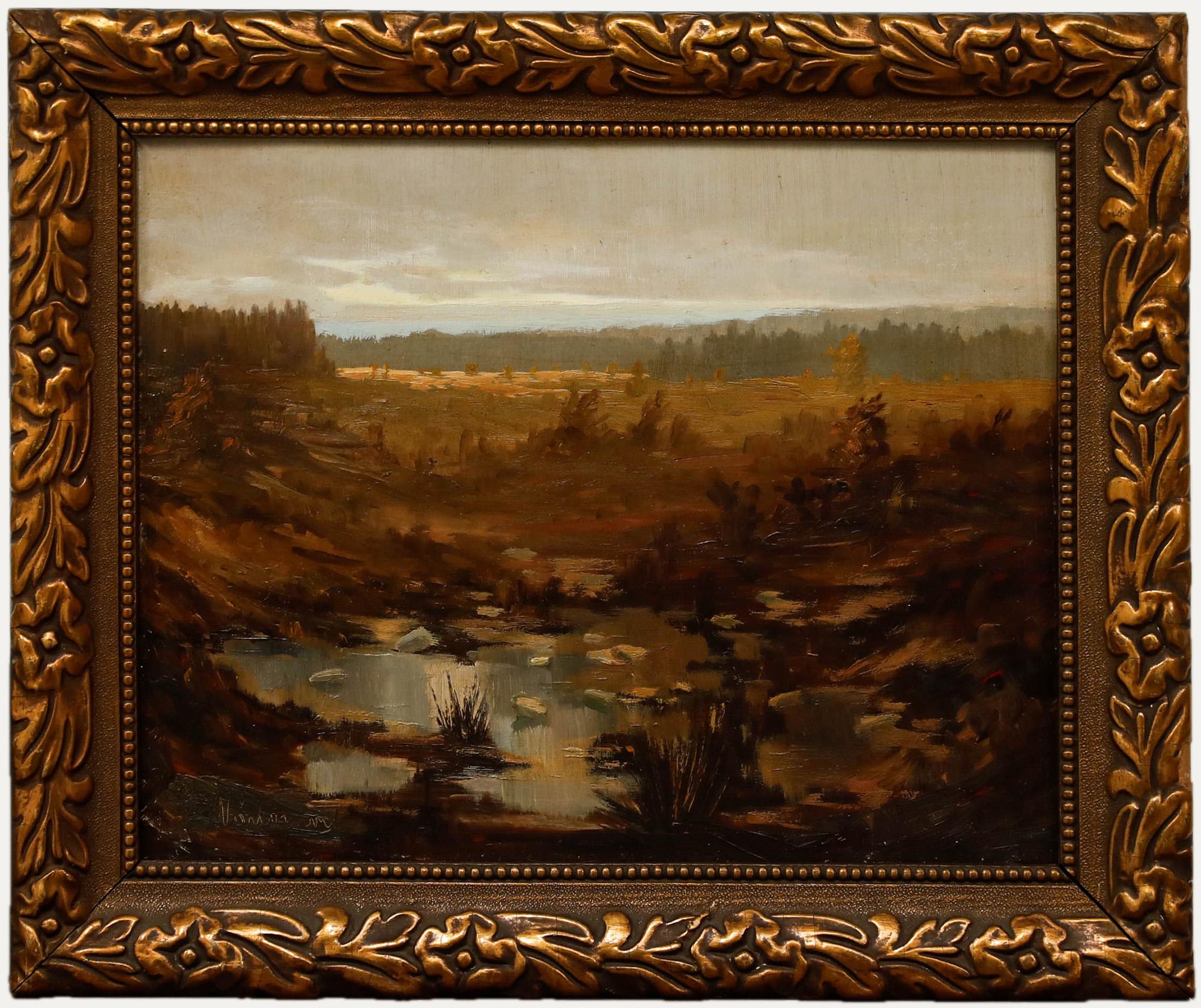 Huile du 20e siècle encadrée - Paysage du Wetland