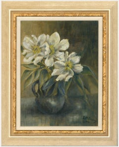 Framed 20th Century Oil - White Lilies in Pewter