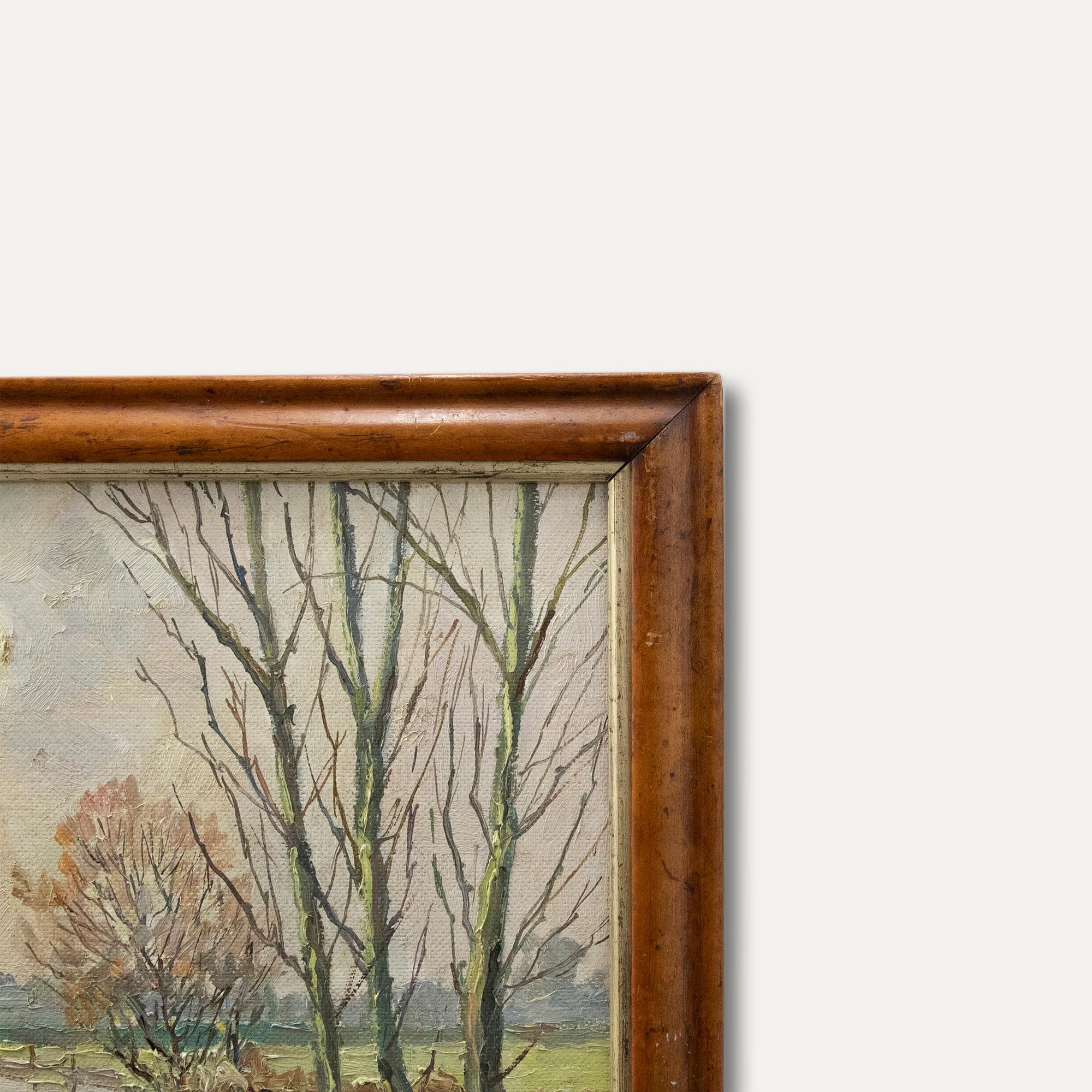 An impressionist study of winter sun shining over rural fields with yellow rays dancing on a winding waterway. The impasto scene has been presented in a beautiful maple veneer frame with a gilt-effect window. Indistinctly signed. On board.