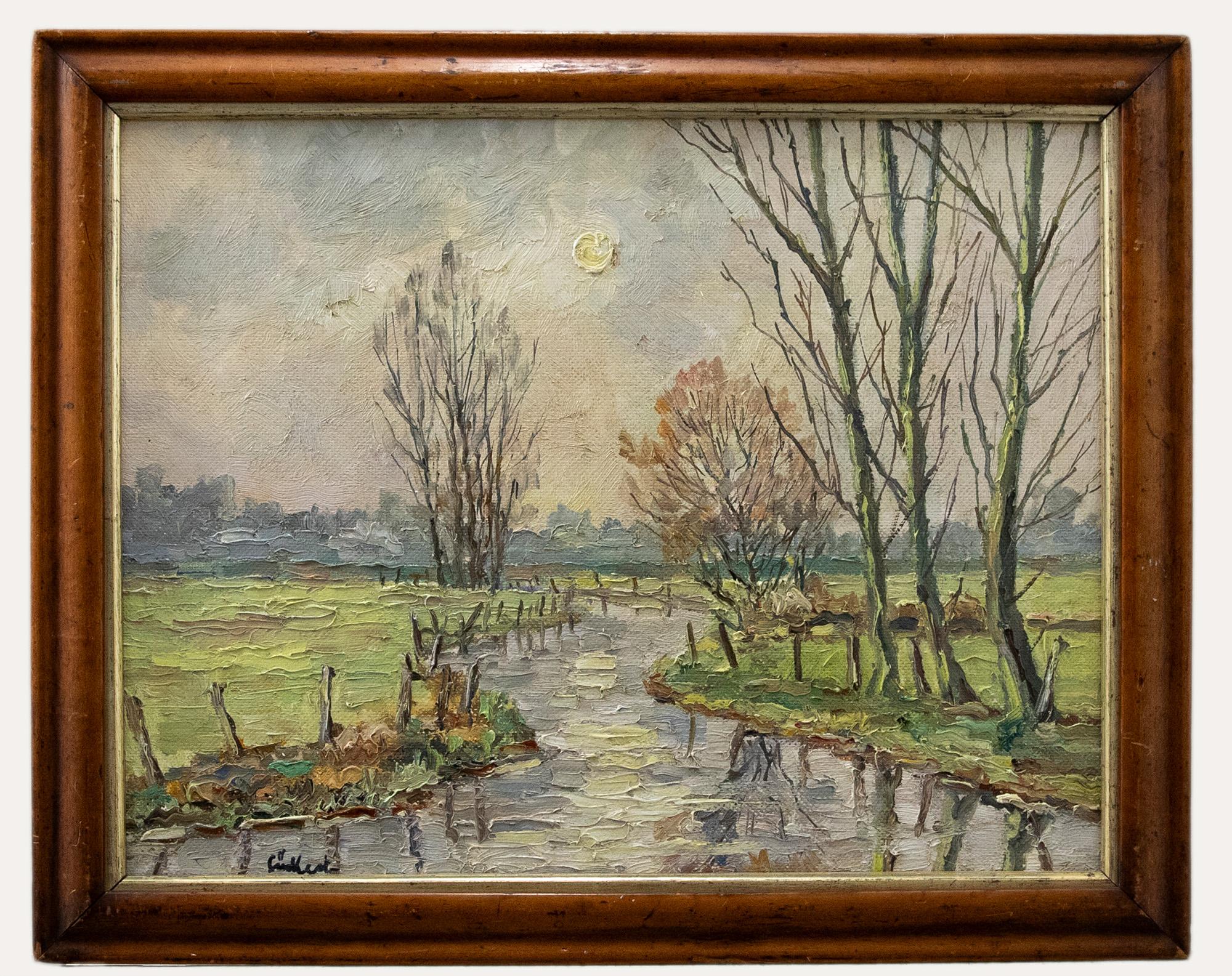 Unknown Landscape Painting - Framed 20th Century Oil - Winter Sun