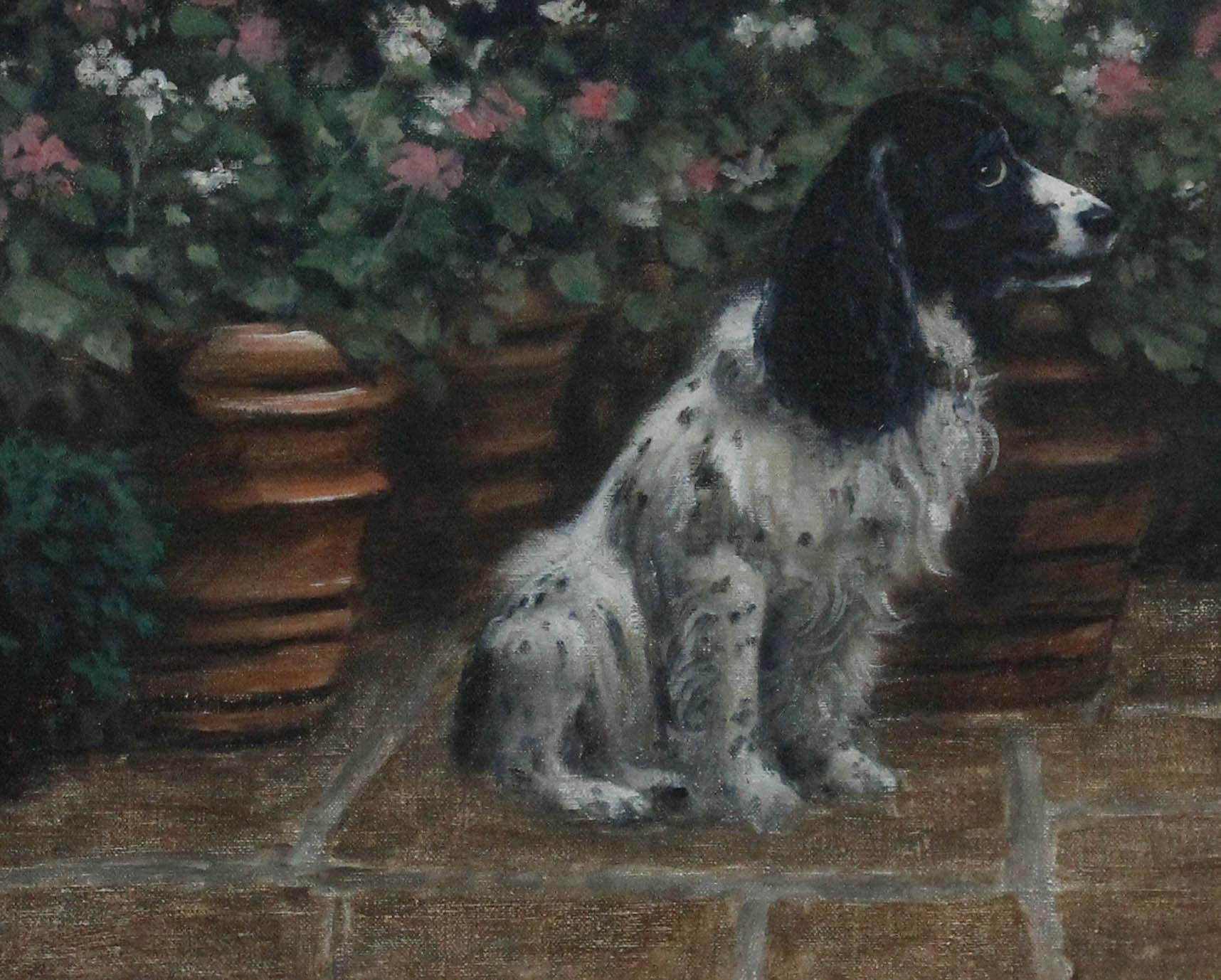 Framed 20th Century Oil - Working Cocker with the Geraniums - Painting by Unknown