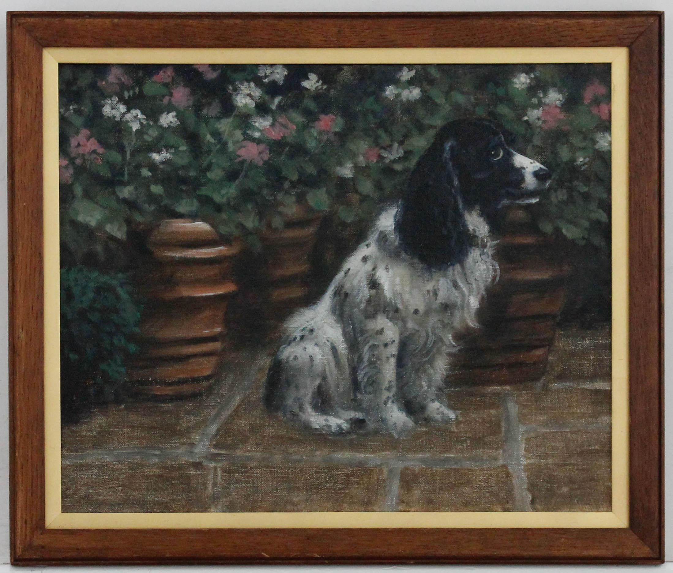 Unknown Portrait Painting - Framed 20th Century Oil - Working Cocker with the Geraniums