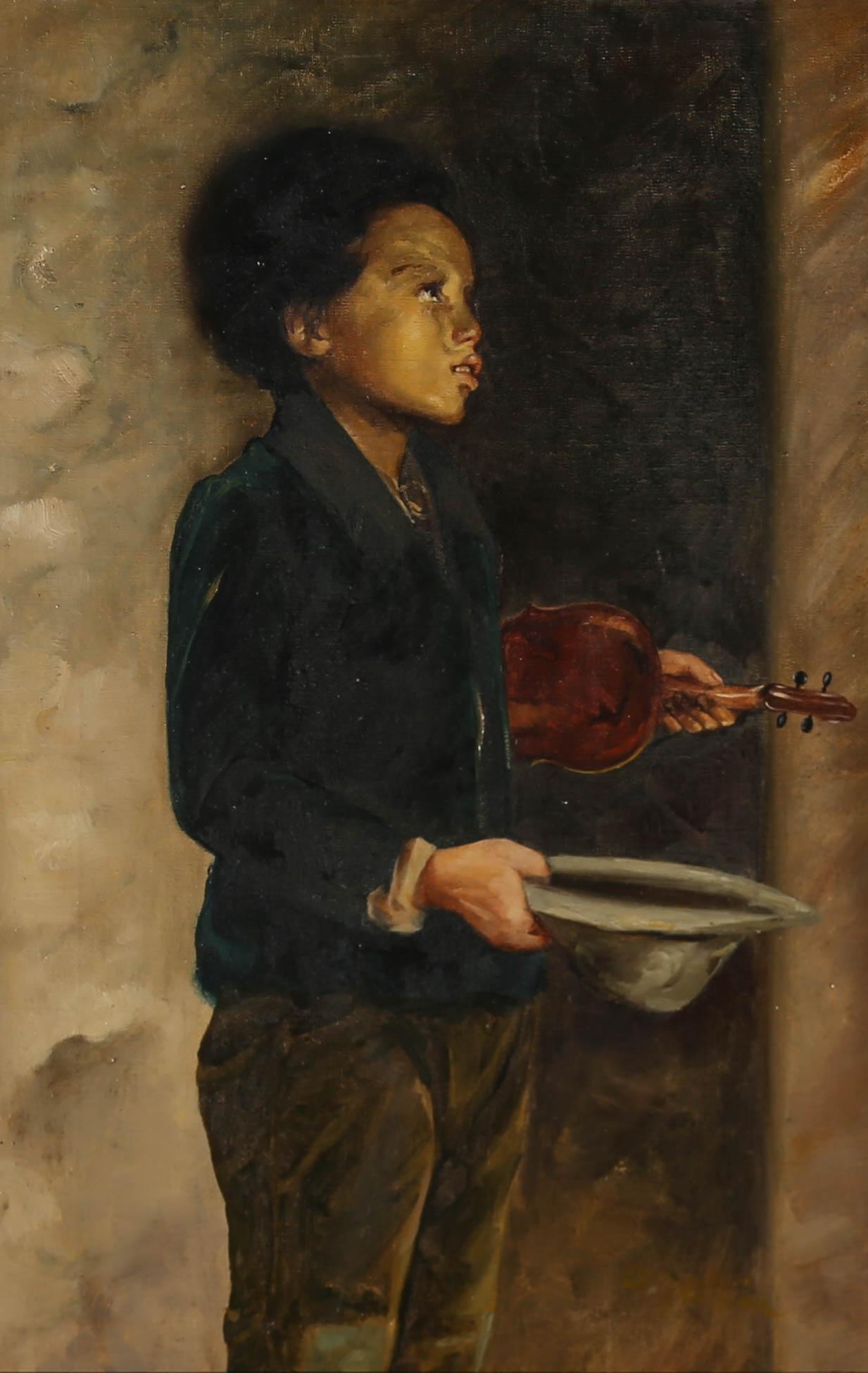 An emotive early 20th century portrait of a young African-American busker playing his violin in the street. The subject is dressed in a smart deep blue blazer with a black collar, and khaki green trousers. The young boy looks desperate in his gaze,