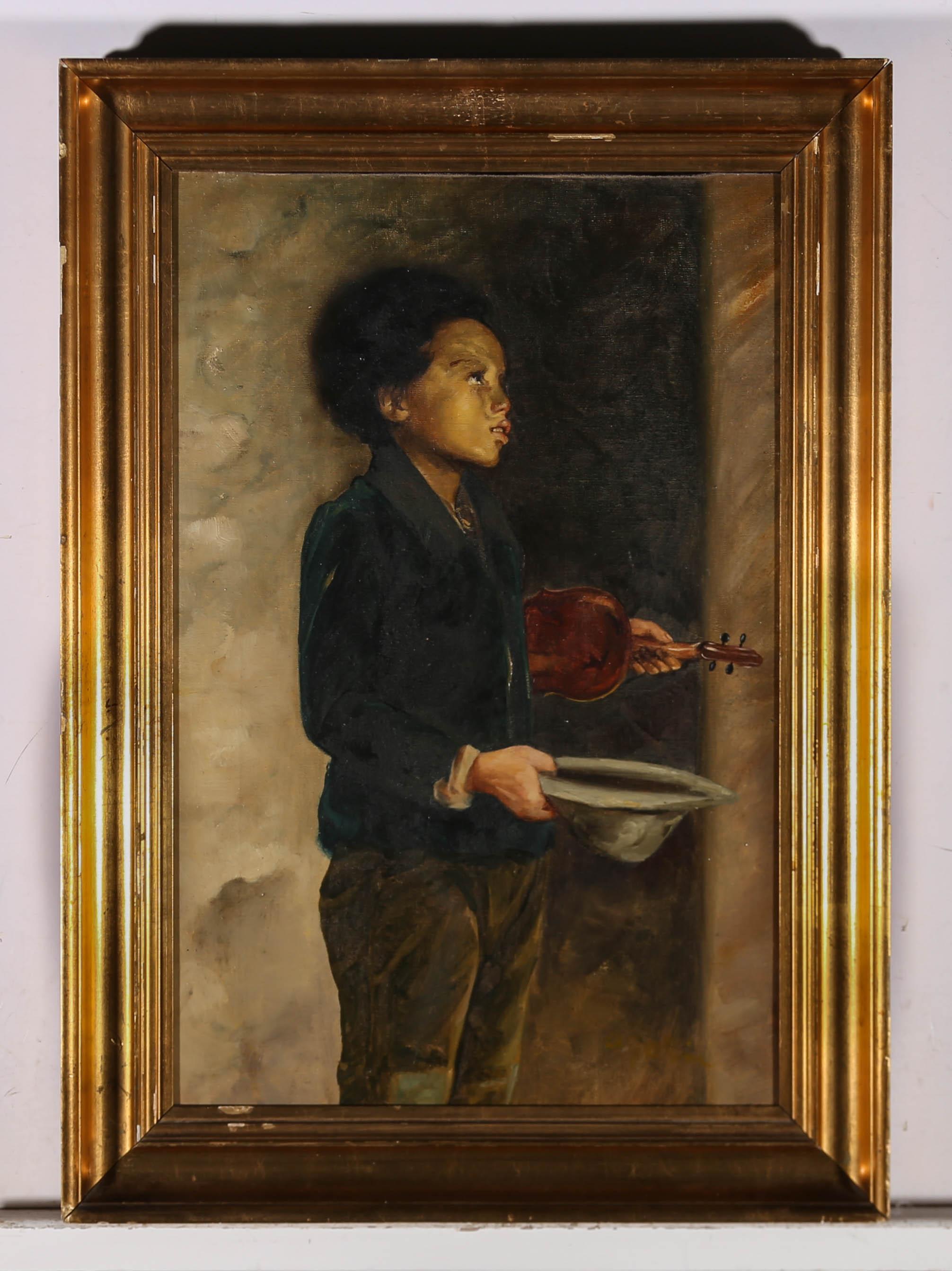Framed American School Early 20th Century Oil - Young Busker 1
