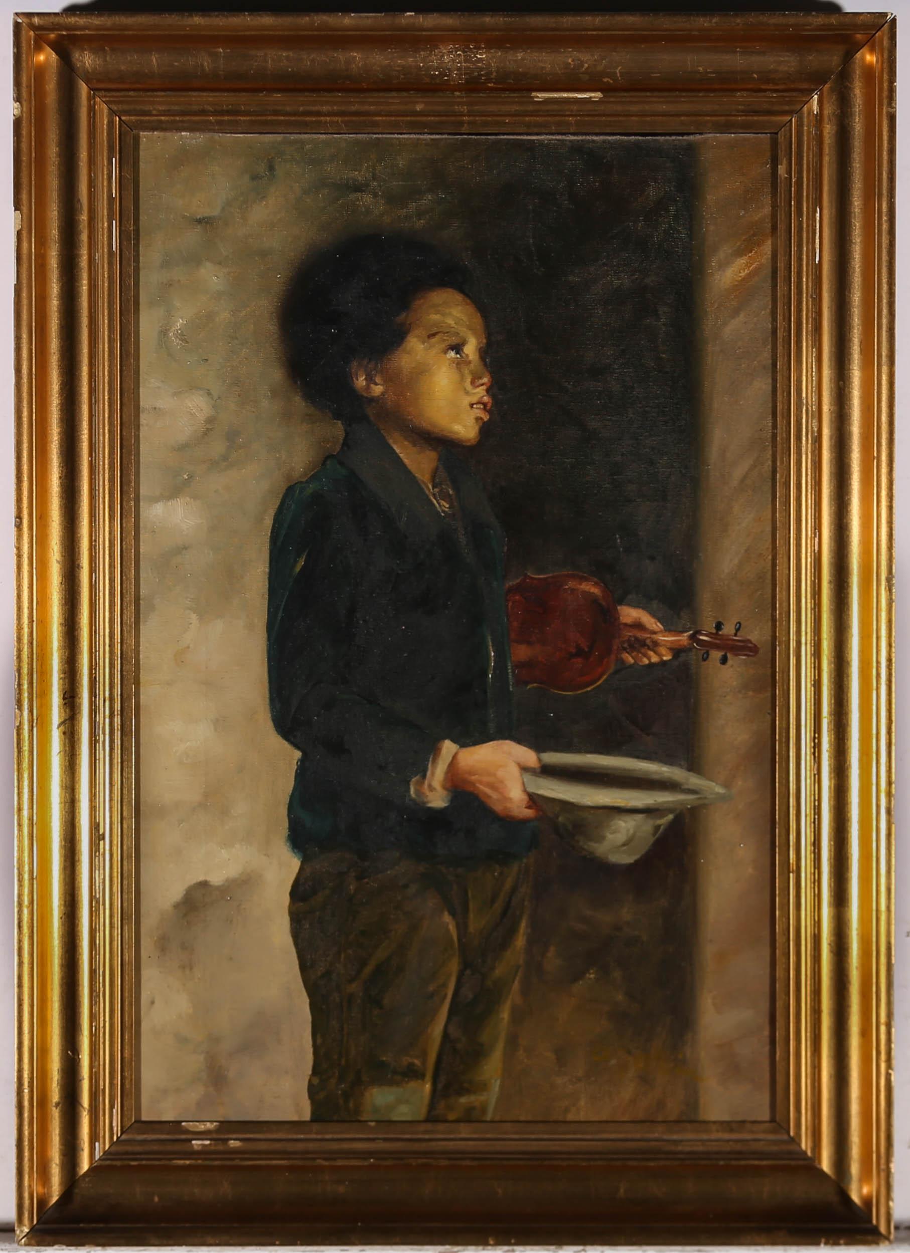 Unknown Portrait Painting - Framed American School Early 20th Century Oil - Young Busker