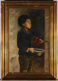 Antique Framed American School Early 20th Century Oil - Young Busker