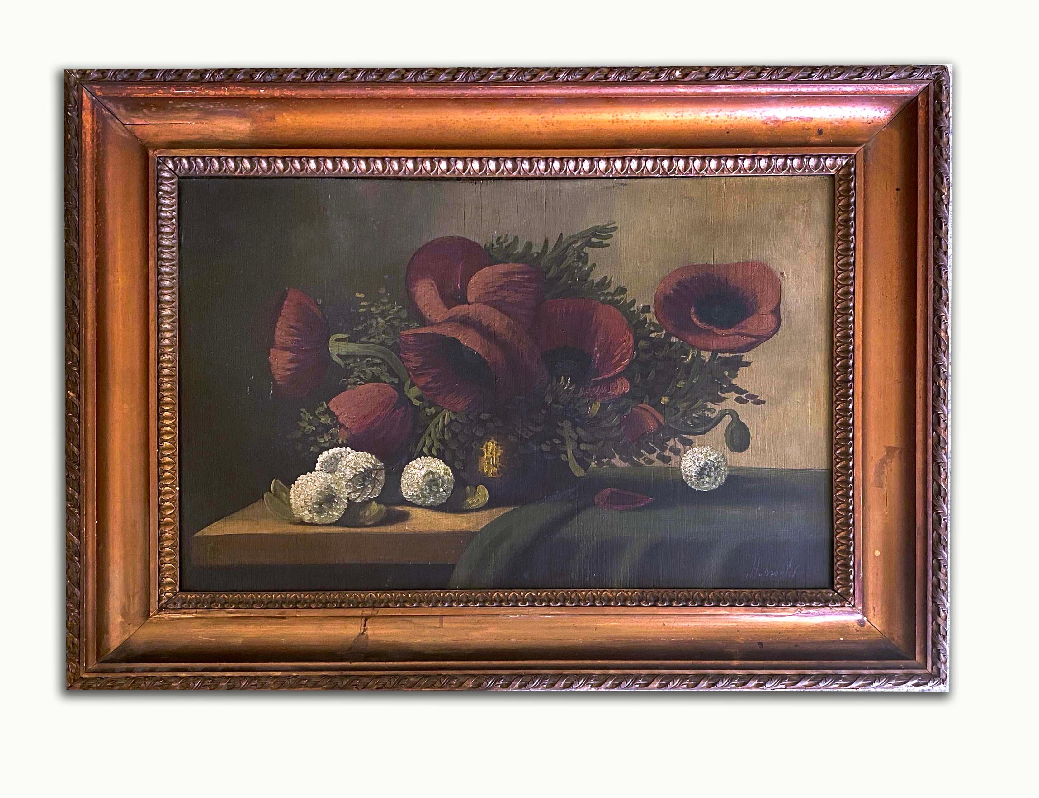 Framed Antique American Still Life Oil Painting of Flowers For Sale 3