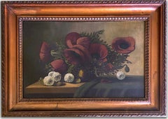 Framed Antique American Still Life Oil Painting of Flowers