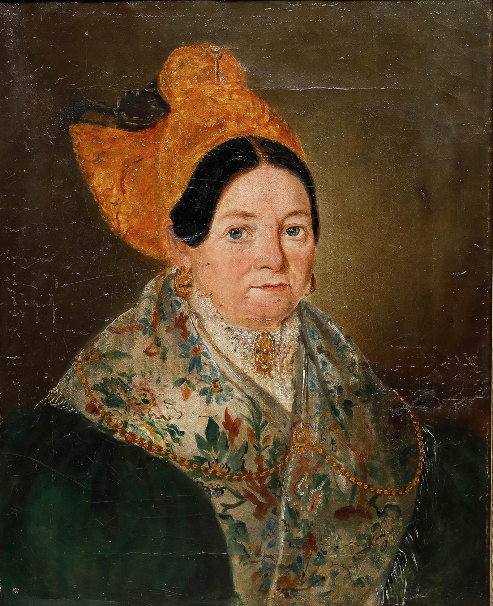 Scuola Biedermeier con cornice  1833 Olio - Signora con scialle di seta - Painting di Unknown