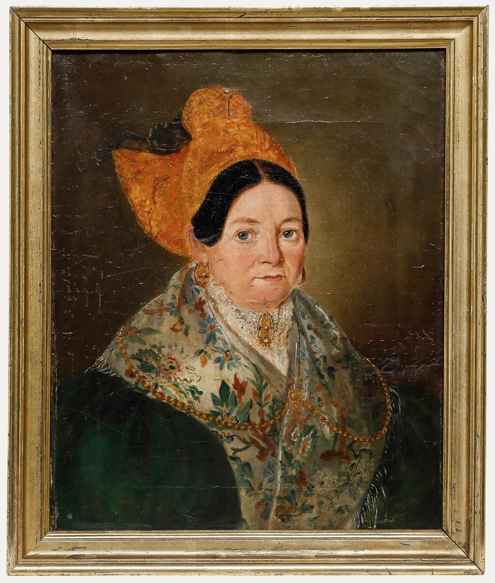 Portrait Painting di Unknown - Scuola Biedermeier con cornice  1833 Olio - Signora con scialle di seta