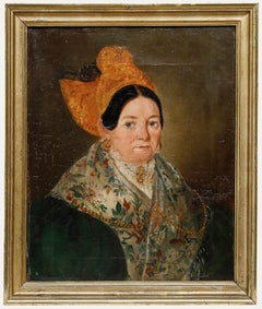 Scuola Biedermeier con cornice  1833 Olio - Signora con scialle di seta