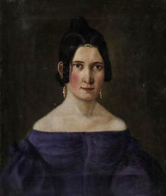Framed c.1830 Oil - Portrait of a Lady in Purple