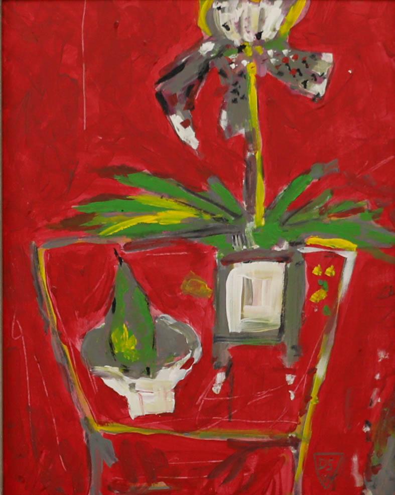 Framed Contemporary Acrylic - Orchid & Pear - Painting by Unknown