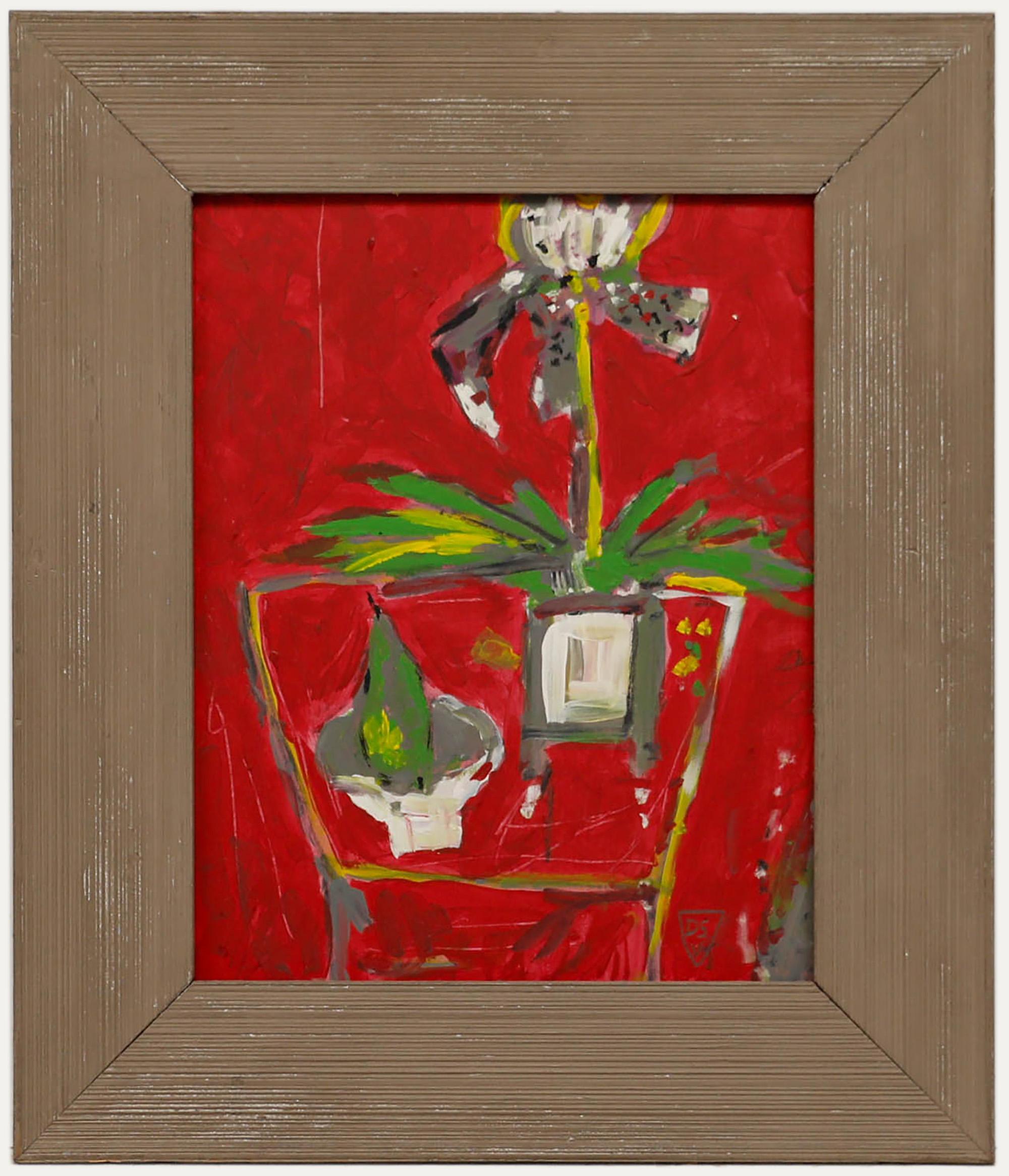 Unknown Still-Life Painting - Framed Contemporary Acrylic - Orchid & Pear